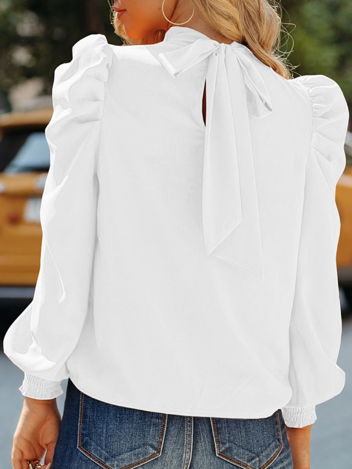 Honeybee Mumford's Tied Mock Neck Lantern Sleeve Blouse