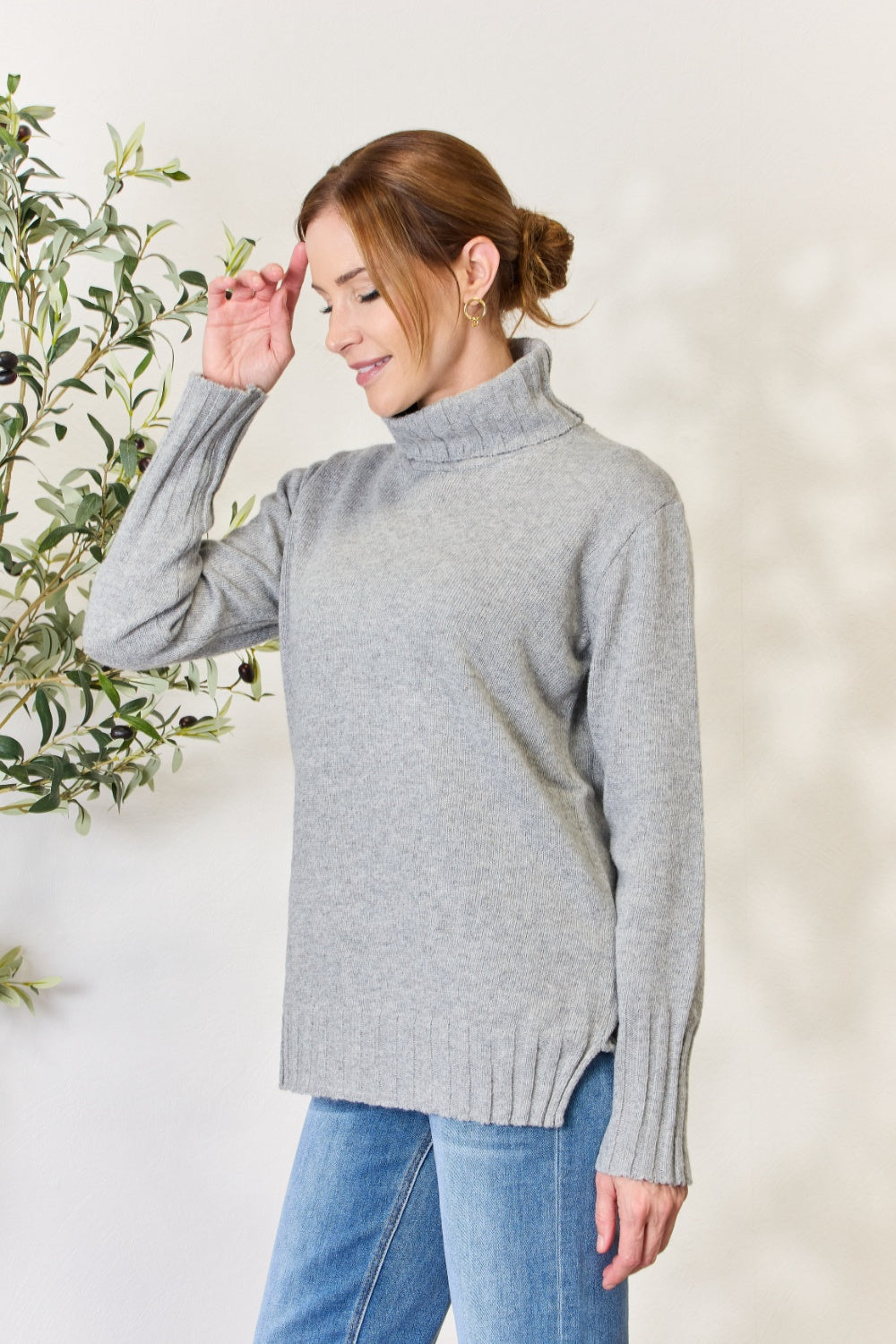 Honeybee Mumford's Heimish Full Size Turtleneck Long Sleeve Slit Sweater