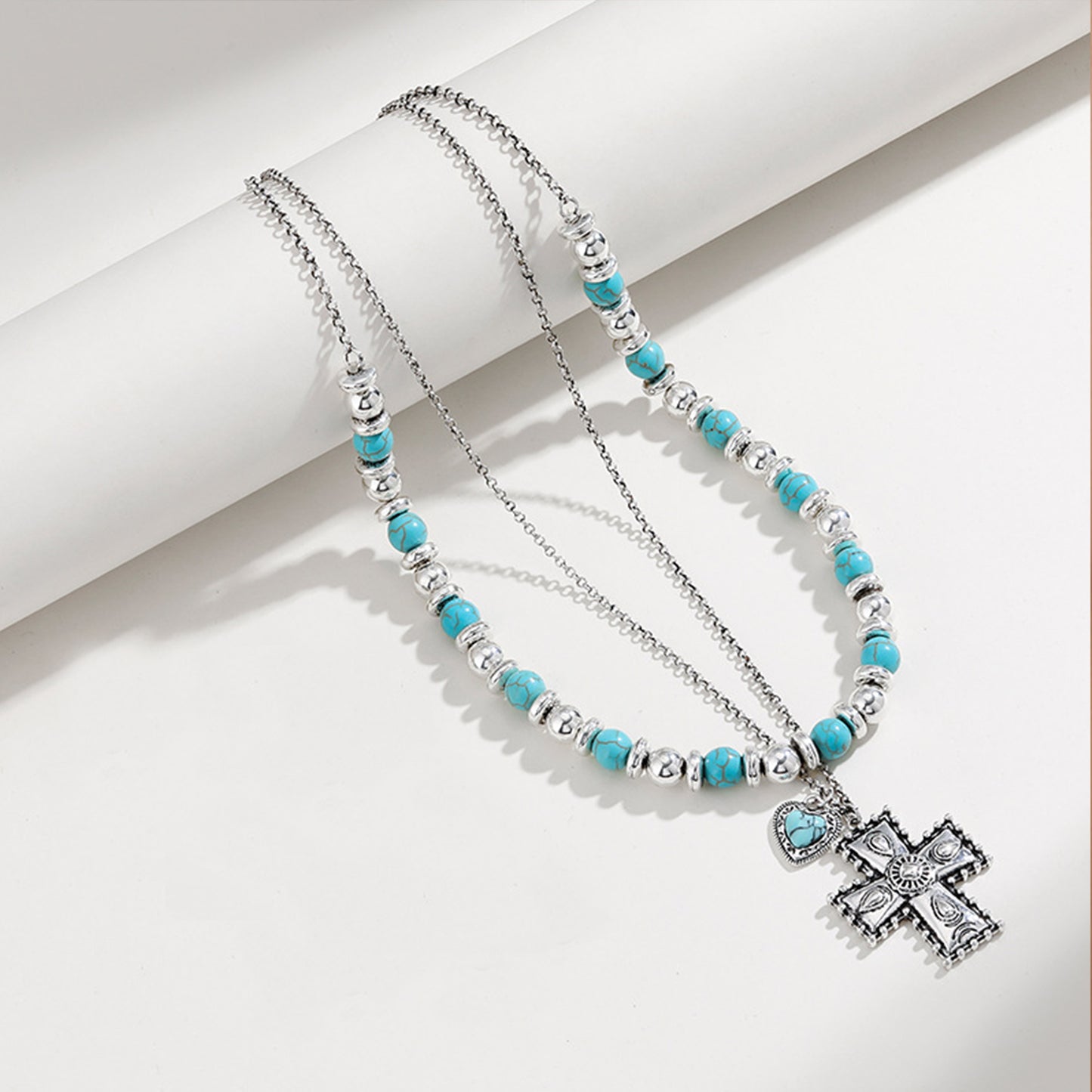 Honeybee Mumford's Turquoise Beaded Double-Layered Cross Necklace