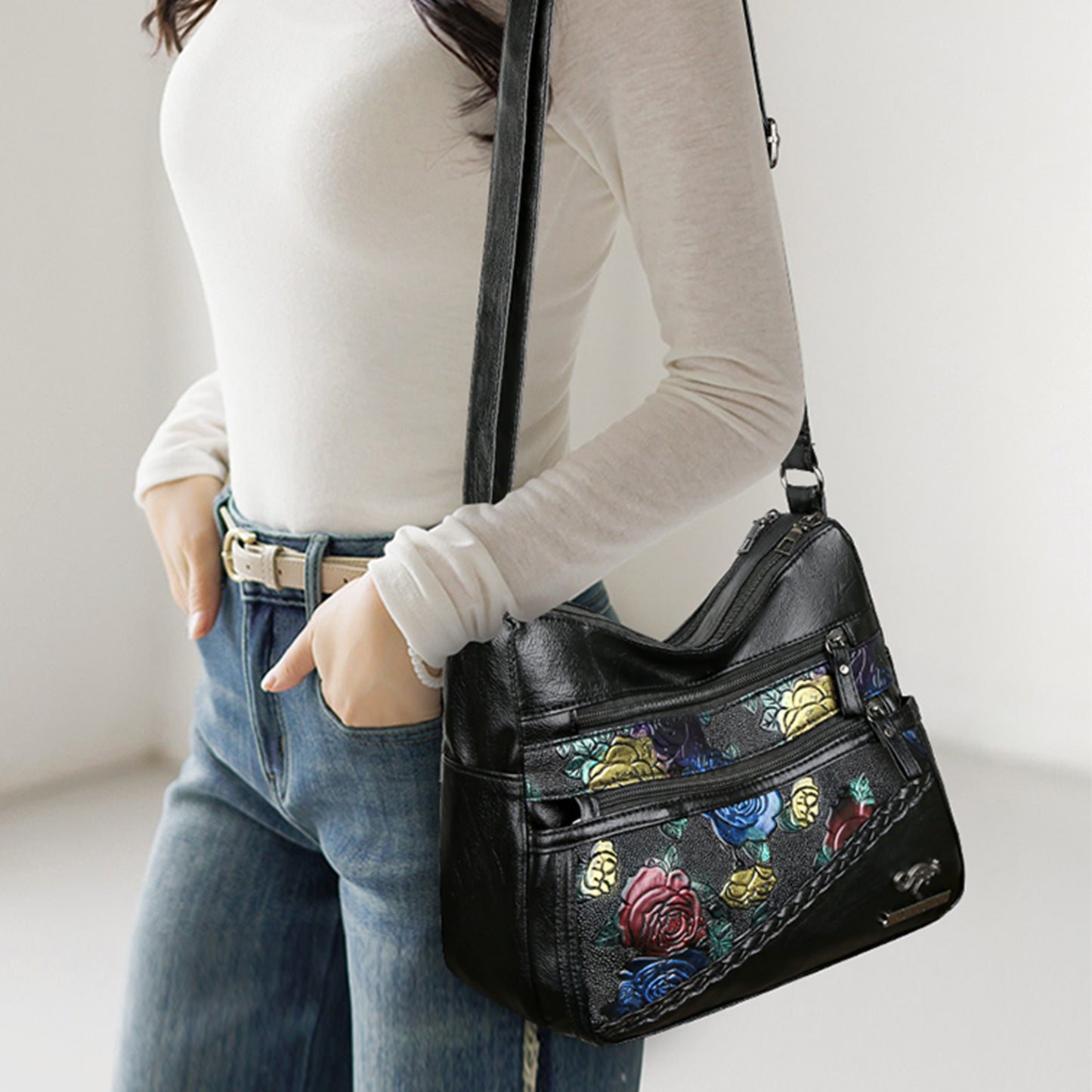 Honeybee Mumford's Leather Rose Pattern Shoulder Bag