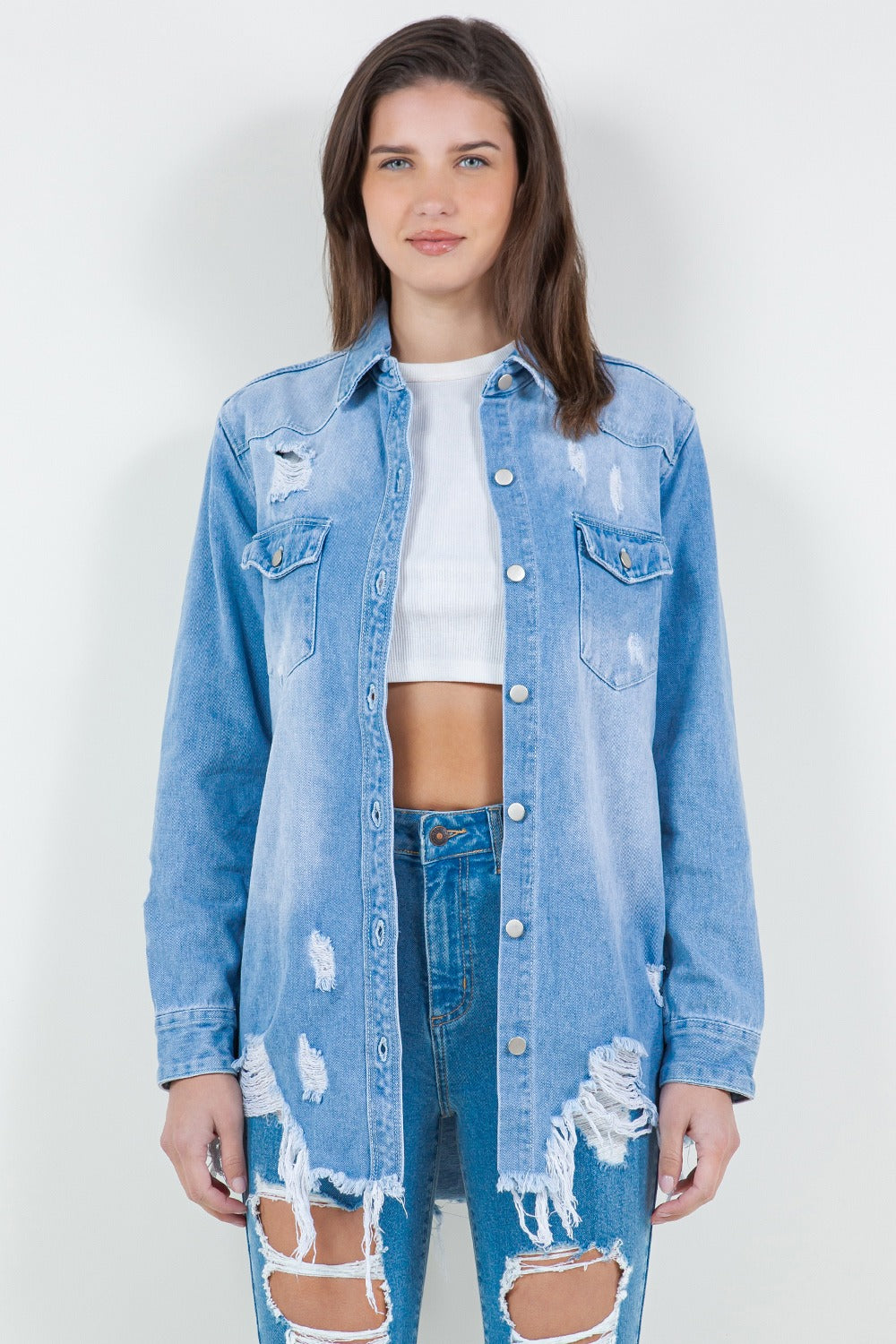 Honeybee Mumford's light blue Distressed Long Sleeve Denim Jacket