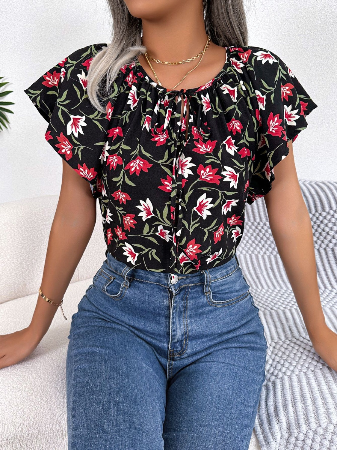 Honeybee Mumford's Floral Tie Neck Flutter Sleeve Blouse