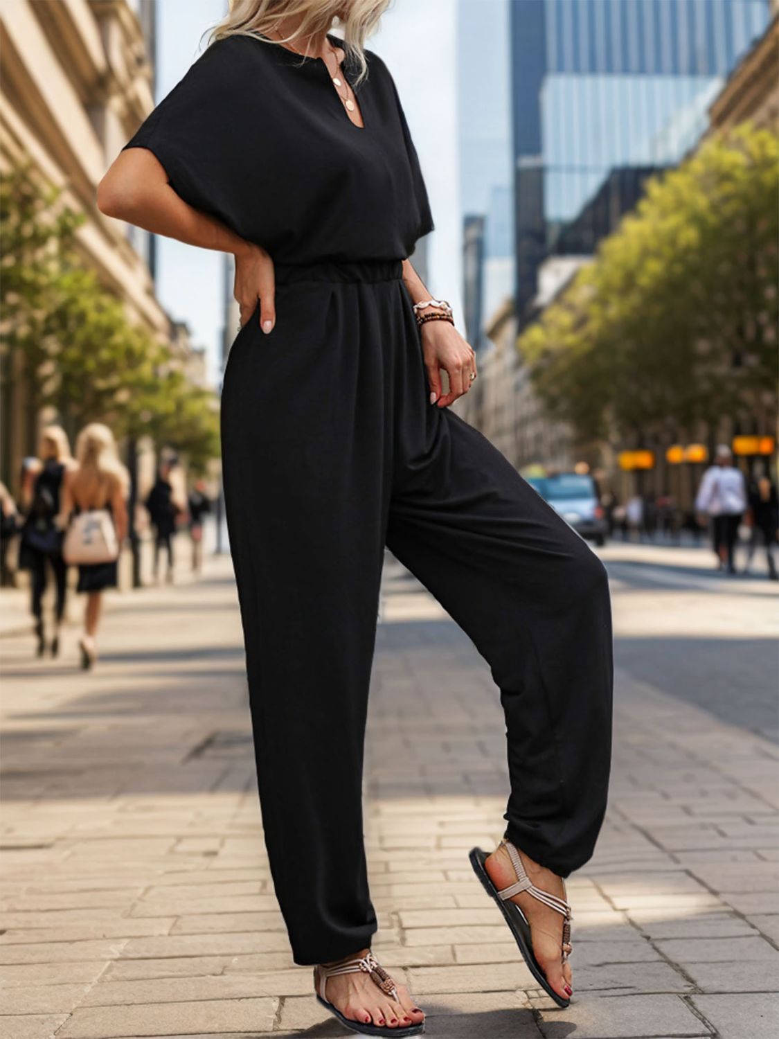 Honeybee Mumford's Notched Half Sleeve Straight Jumpsuit