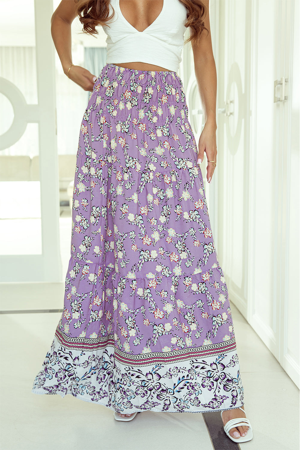 Honeybee Mumford's Purple Floral Print Shirred High Waist Maxi Skirt