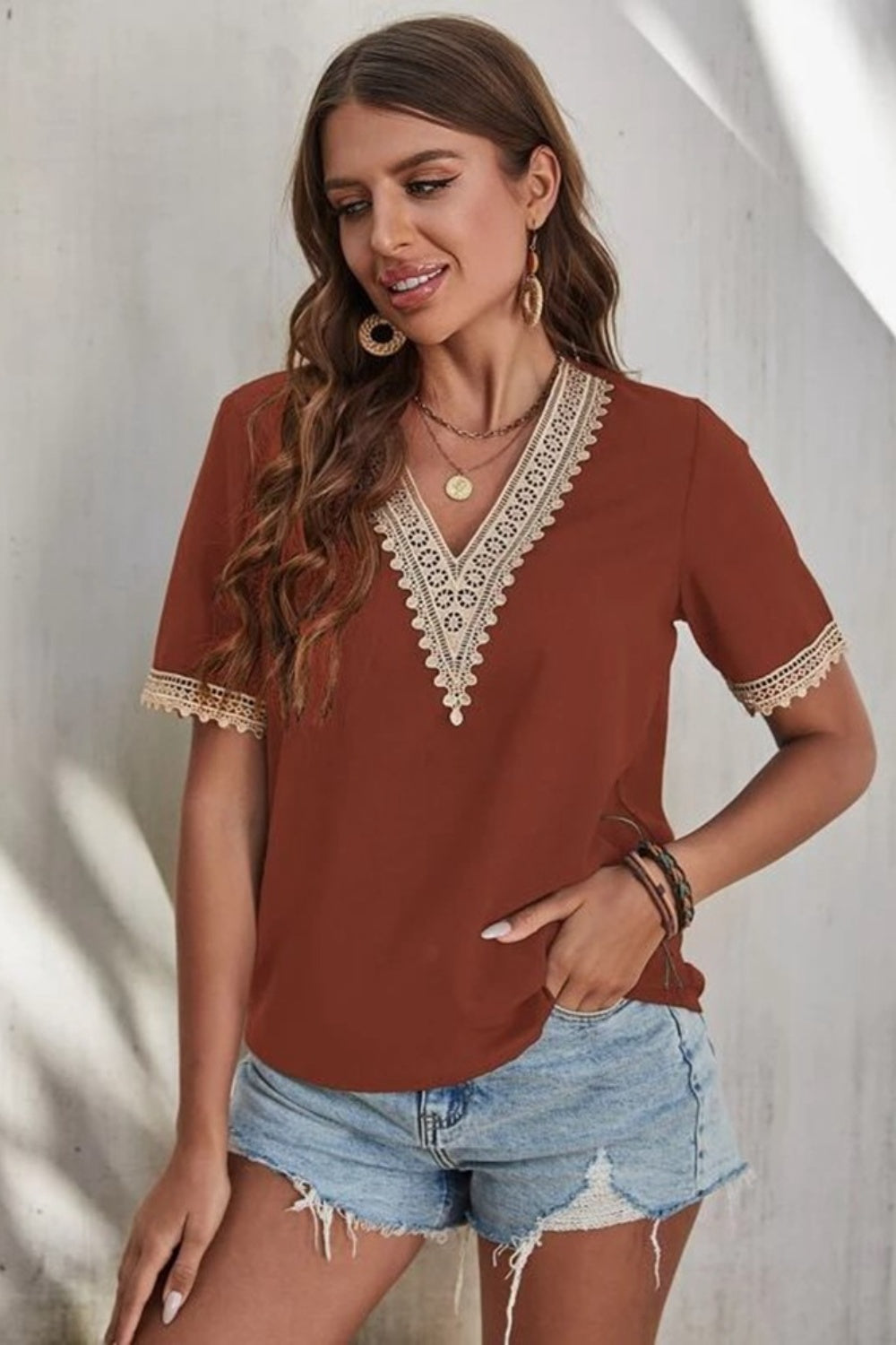 Honeybee Mumford's Lace Detail V-Neck Short Sleeve Blouse