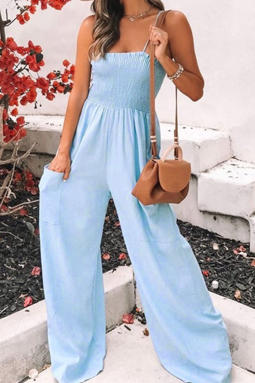 Honeybee Mumford's Smocked Spaghetti Strap Wide Leg Jumpsuit