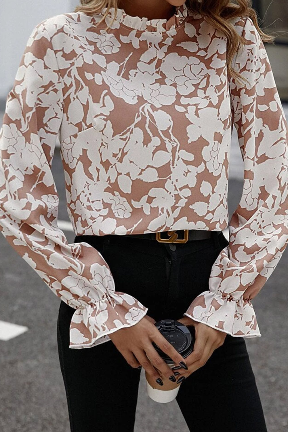 Honeybee Mumford's Floral Print Mock Neck Flounce Sleeve Blouse