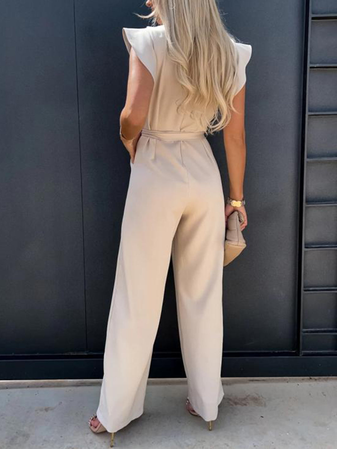 Honeybee Mumford's Ruffled Round Neck Cap Sleeve Jumpsuit