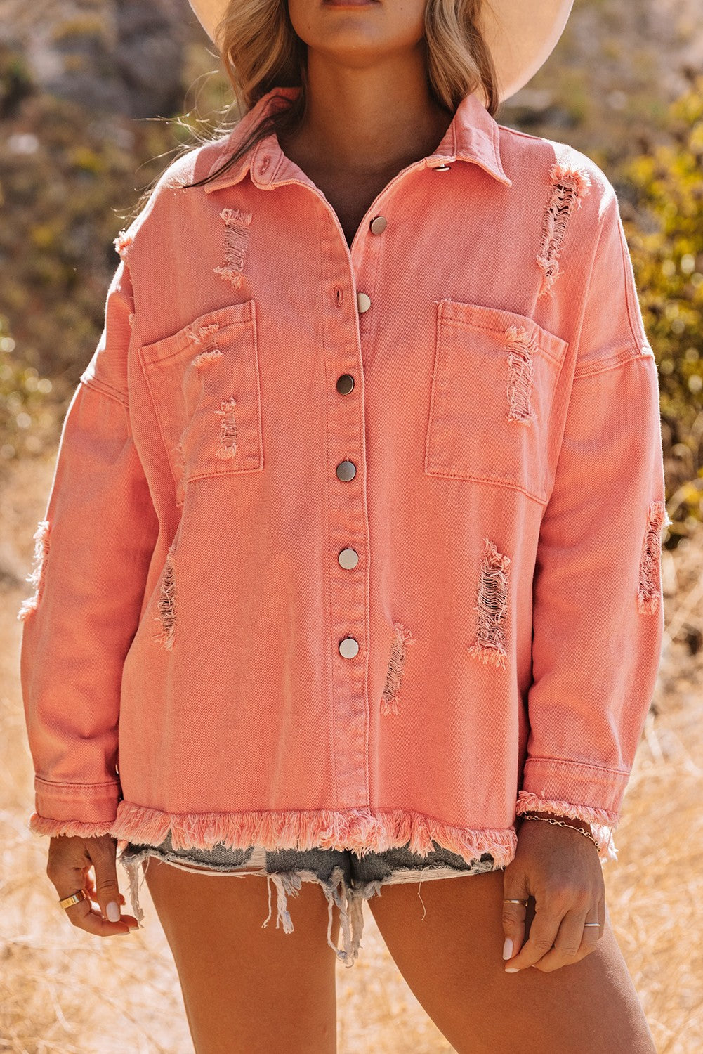 Honeybee Mumford's Orange Distressed Fringe Trim Denim Jacket