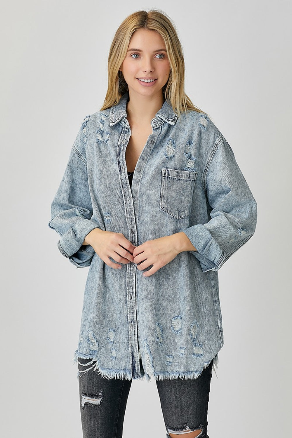 Honeybee Mumford's Distressed Raw Hem Denim Shirt