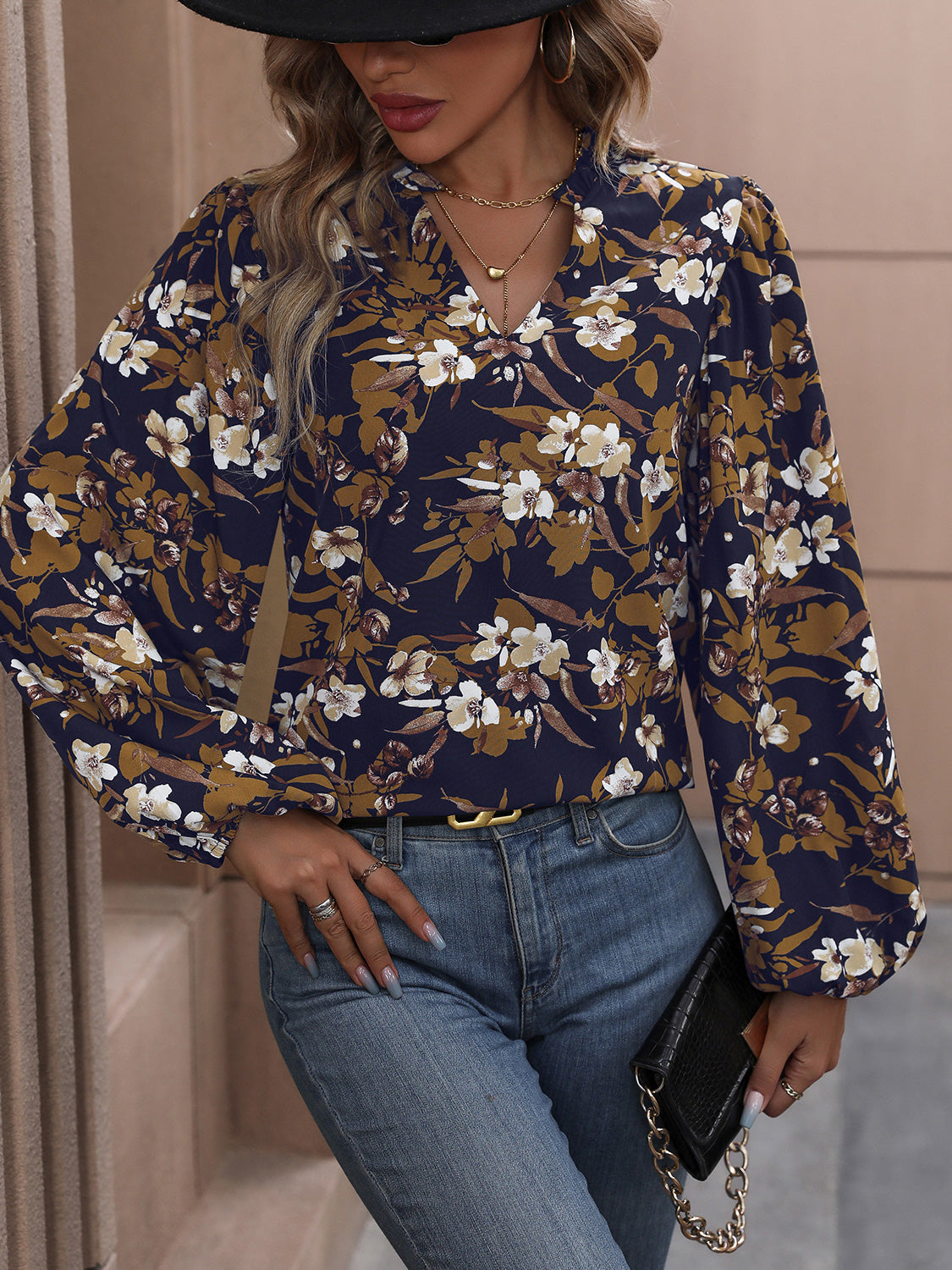 Honeybee Mumford's Floral Notched Balloon Sleeve Blouse