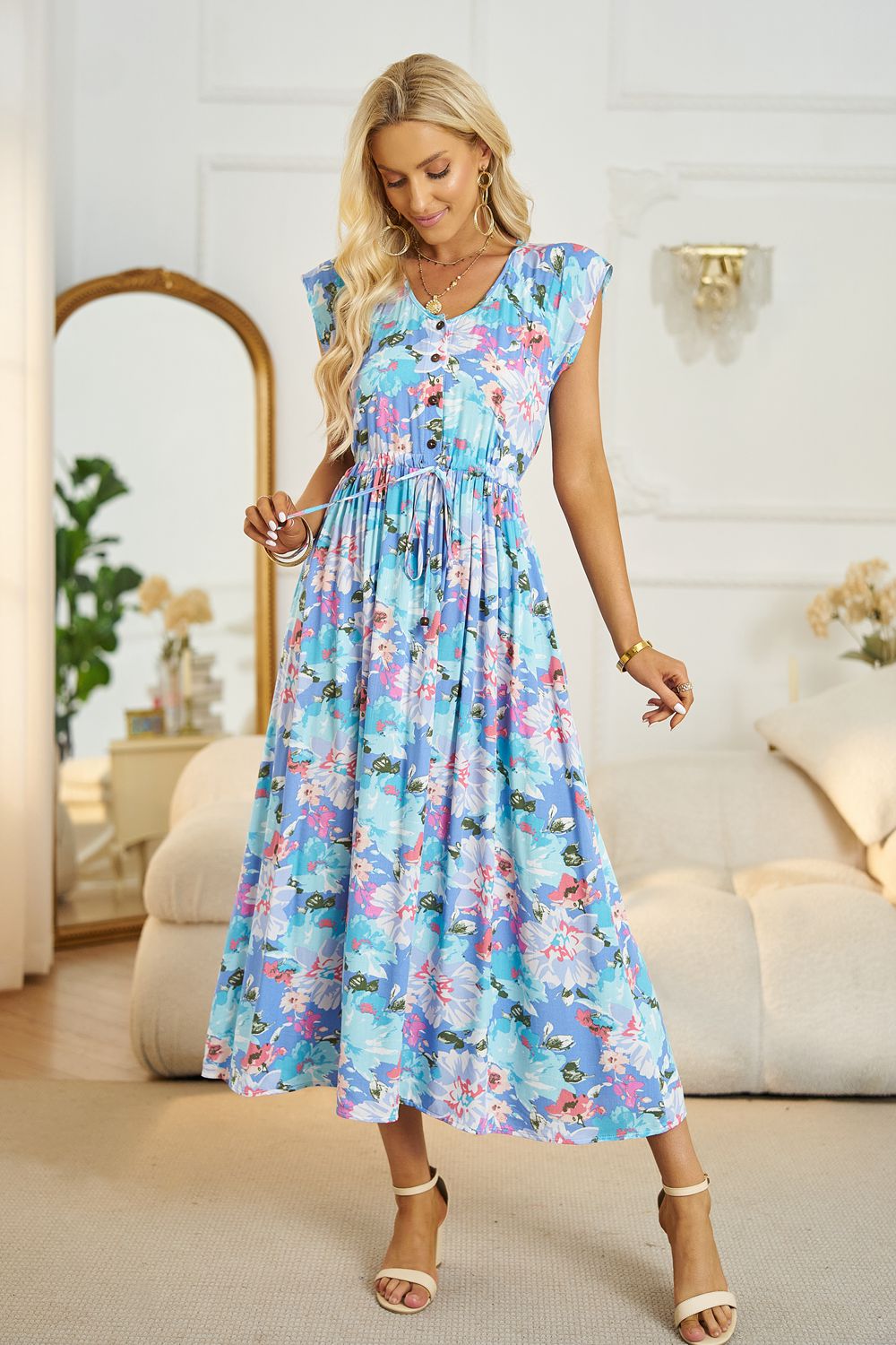 Honeybee Mumford's Floral V-Neck A-Line Midi Dress