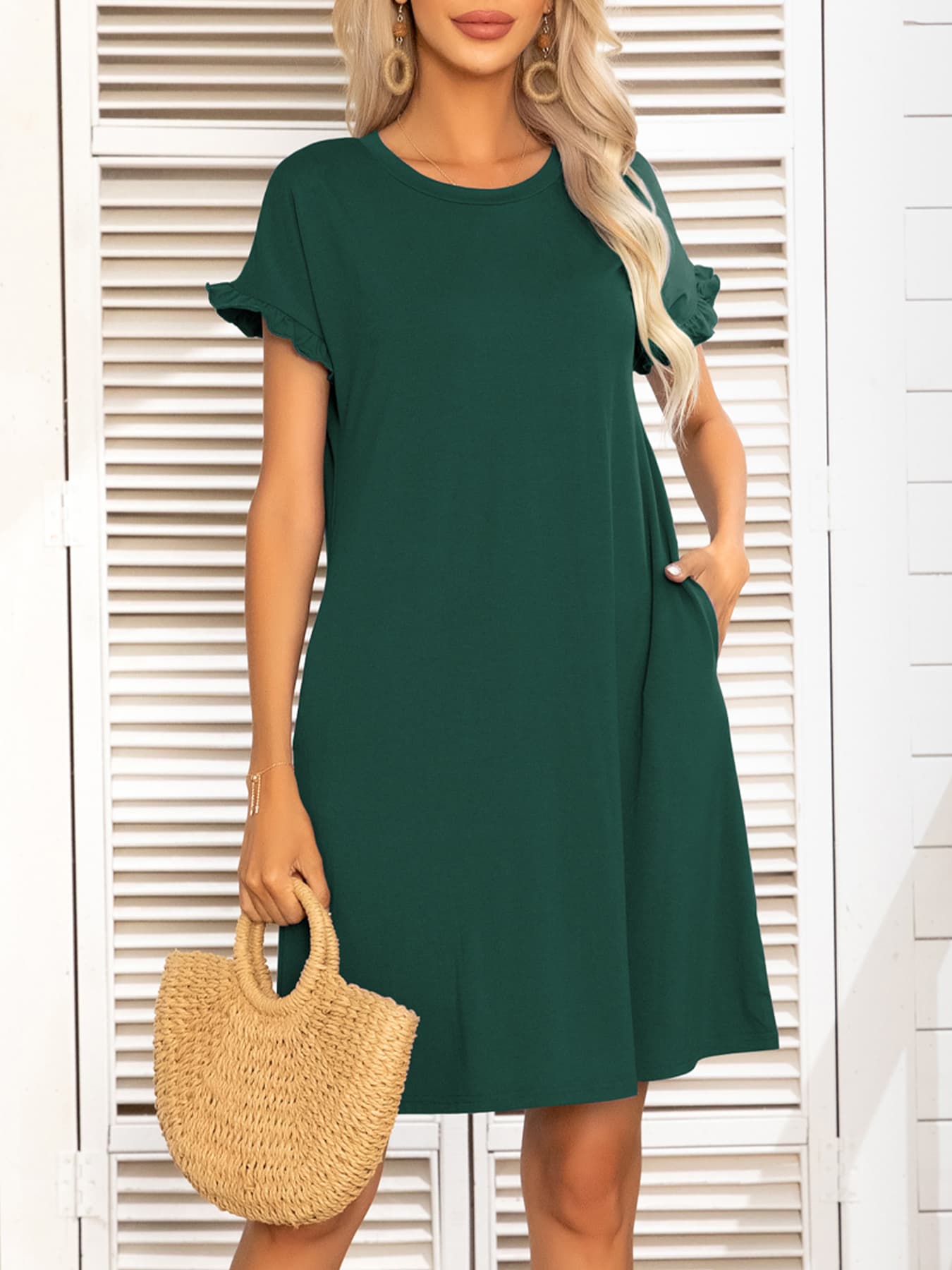 Honeybee Mumford's Round Neck Flounce Sleeve Dress with Pockets