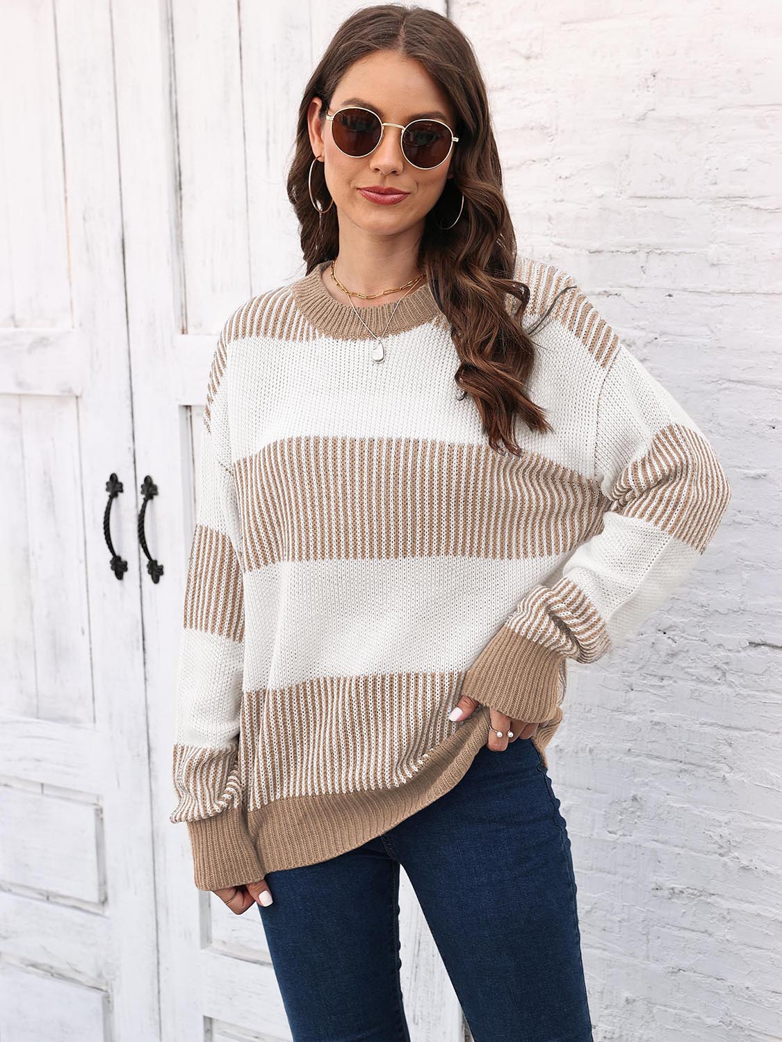 Honeybee Mumford's Full Size Round Neck Drop Shoulder Sweater