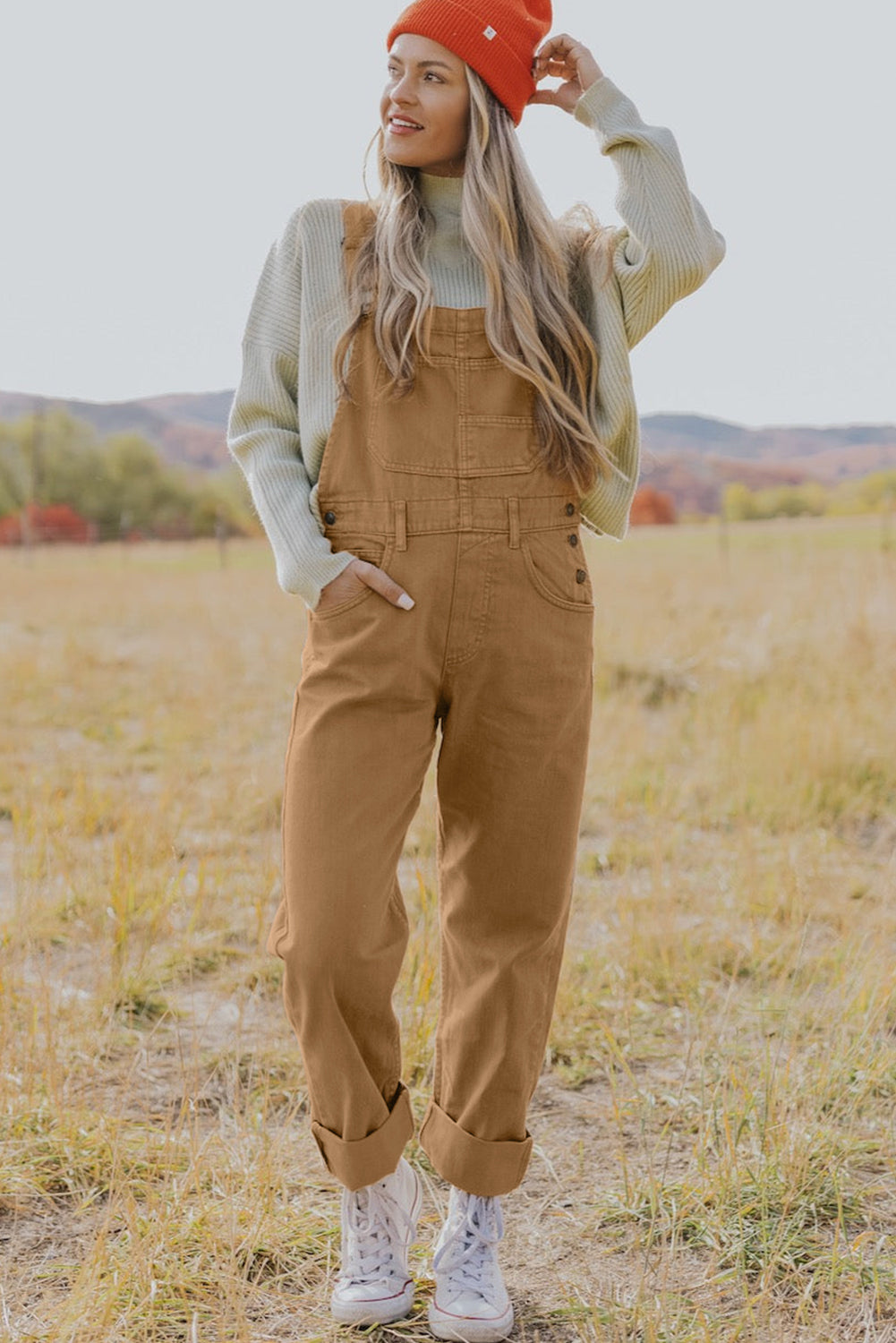 Honeybee Mumford's Khaki Vintage Multi Pockets Buckle Strap Cargo Denim Overalls