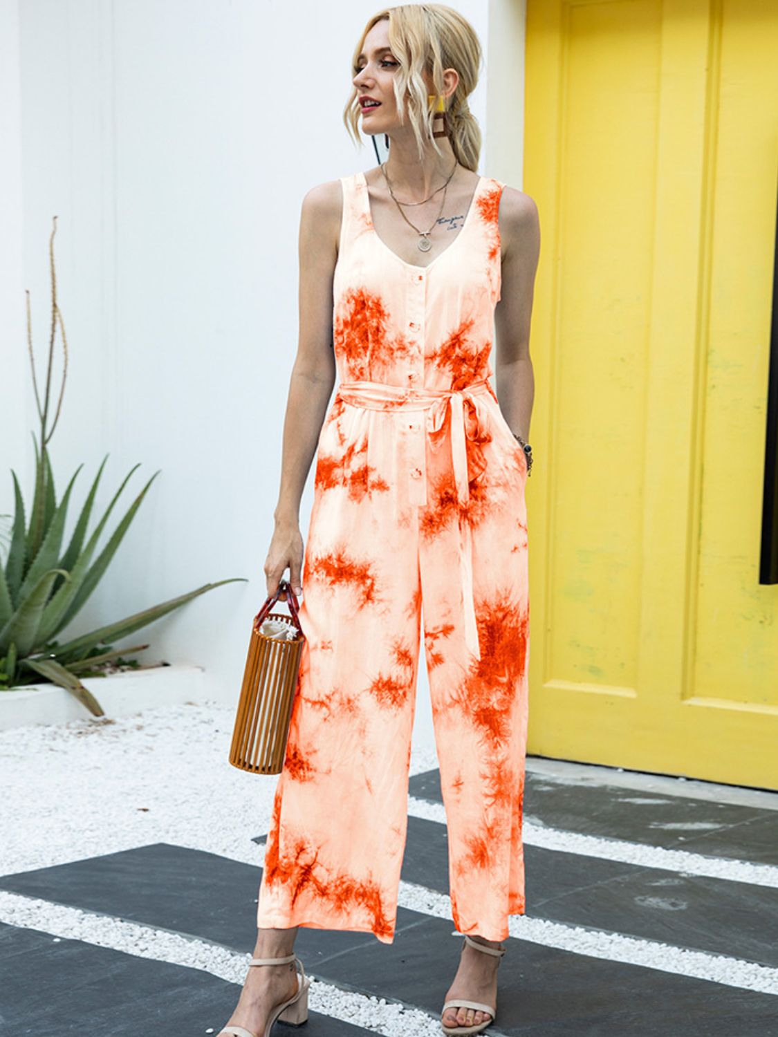 Honeybee Mumford's Tie-Dye Tie Waist Sleeveless Jumpsuit