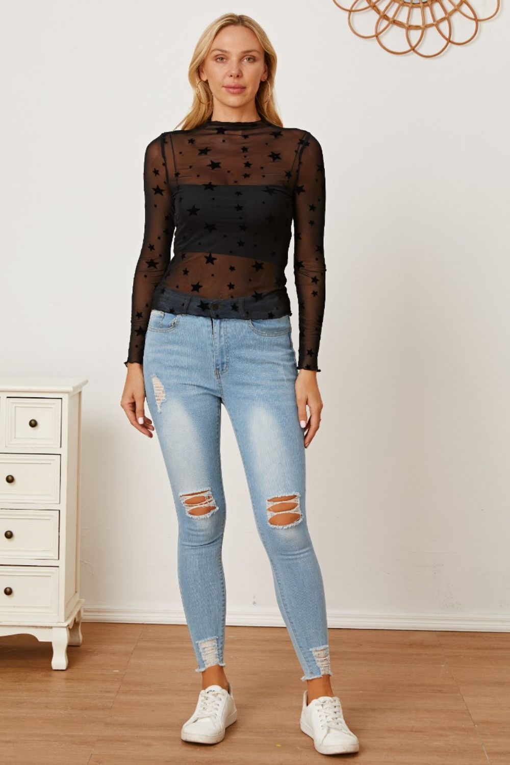 Honeybee Mumford's Star Pattern Mock Neck Long Sleeve Blouse