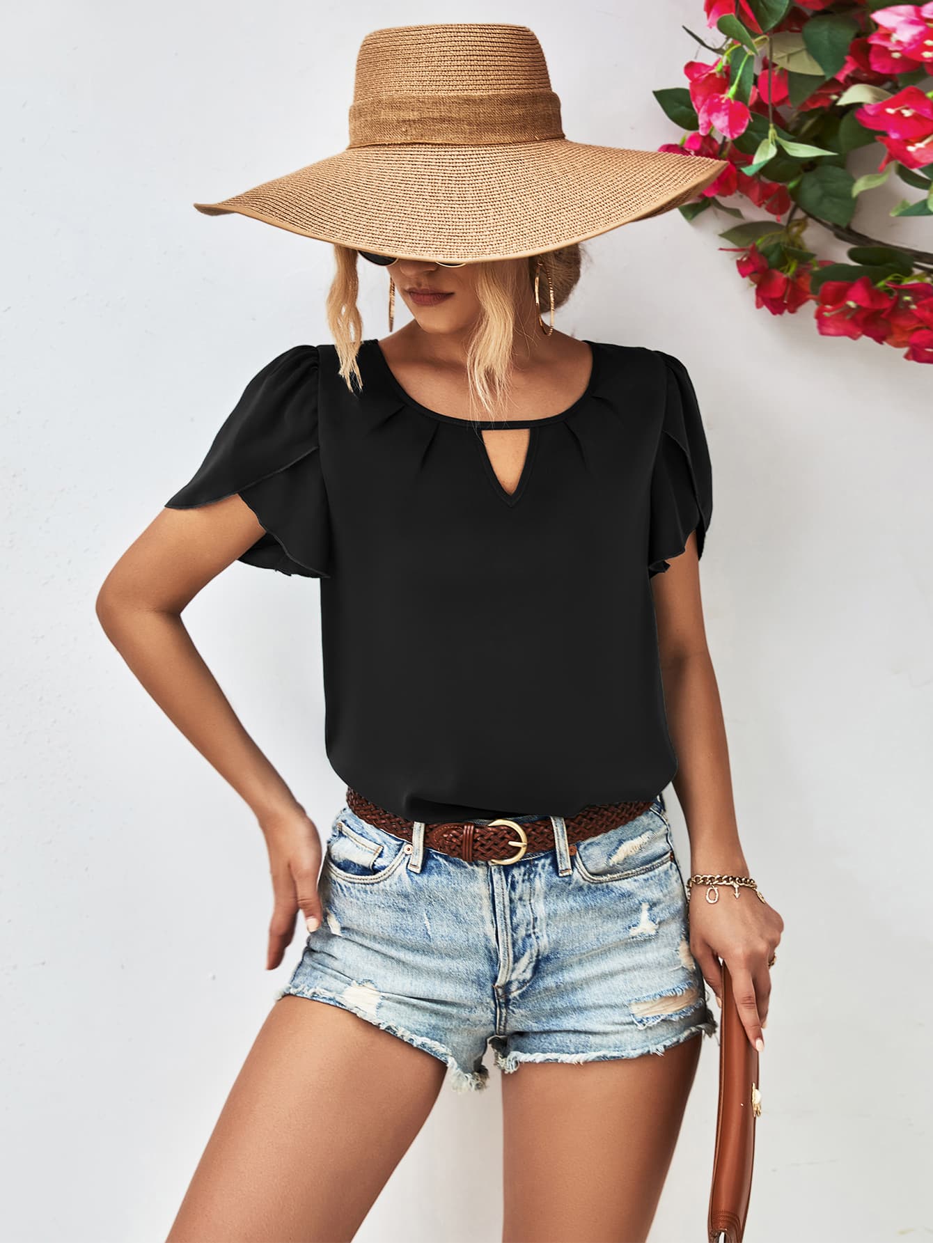 Honeybee Mumford's Cutout Round Neck Petal Sleeve Blouse