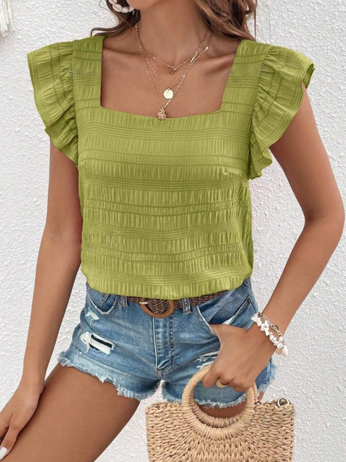 Honeybee Mumford's Ruffled Square Neck Cap Sleeve Blouse