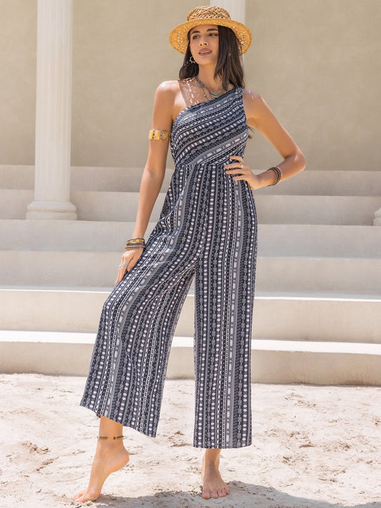 Honeybee Mumford's Printed Single Shoulder Sleeveless Jumpsuit