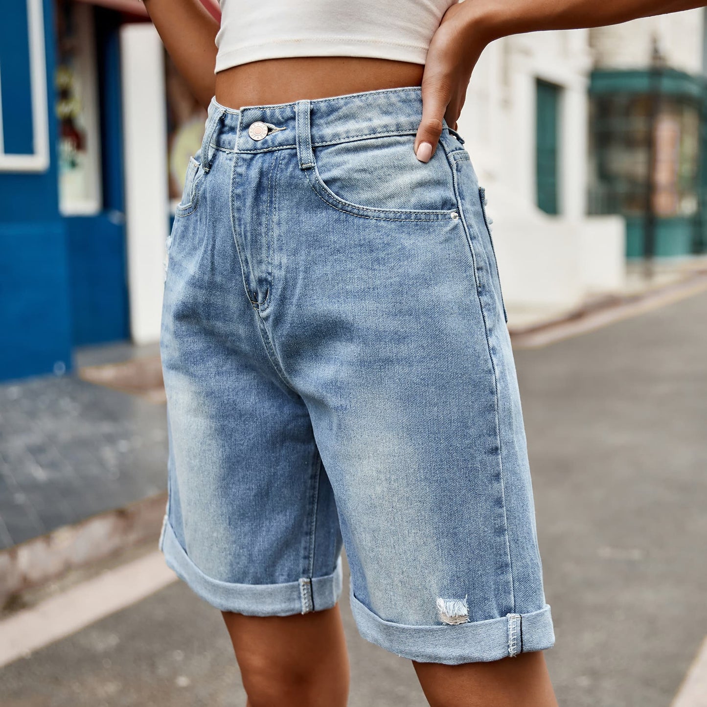 Honeybee Mumford's Distressed Buttoned Denim Shorts with Pockets