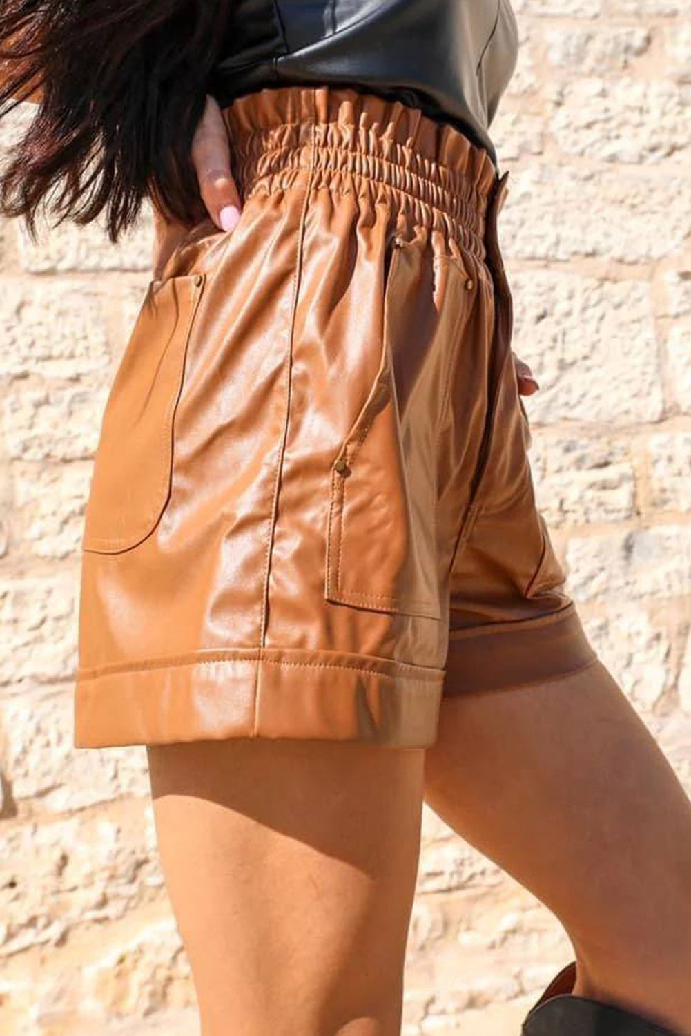 Honeybee Mumford's Brown Patch Pockets Faux Leather High Rise Shorts