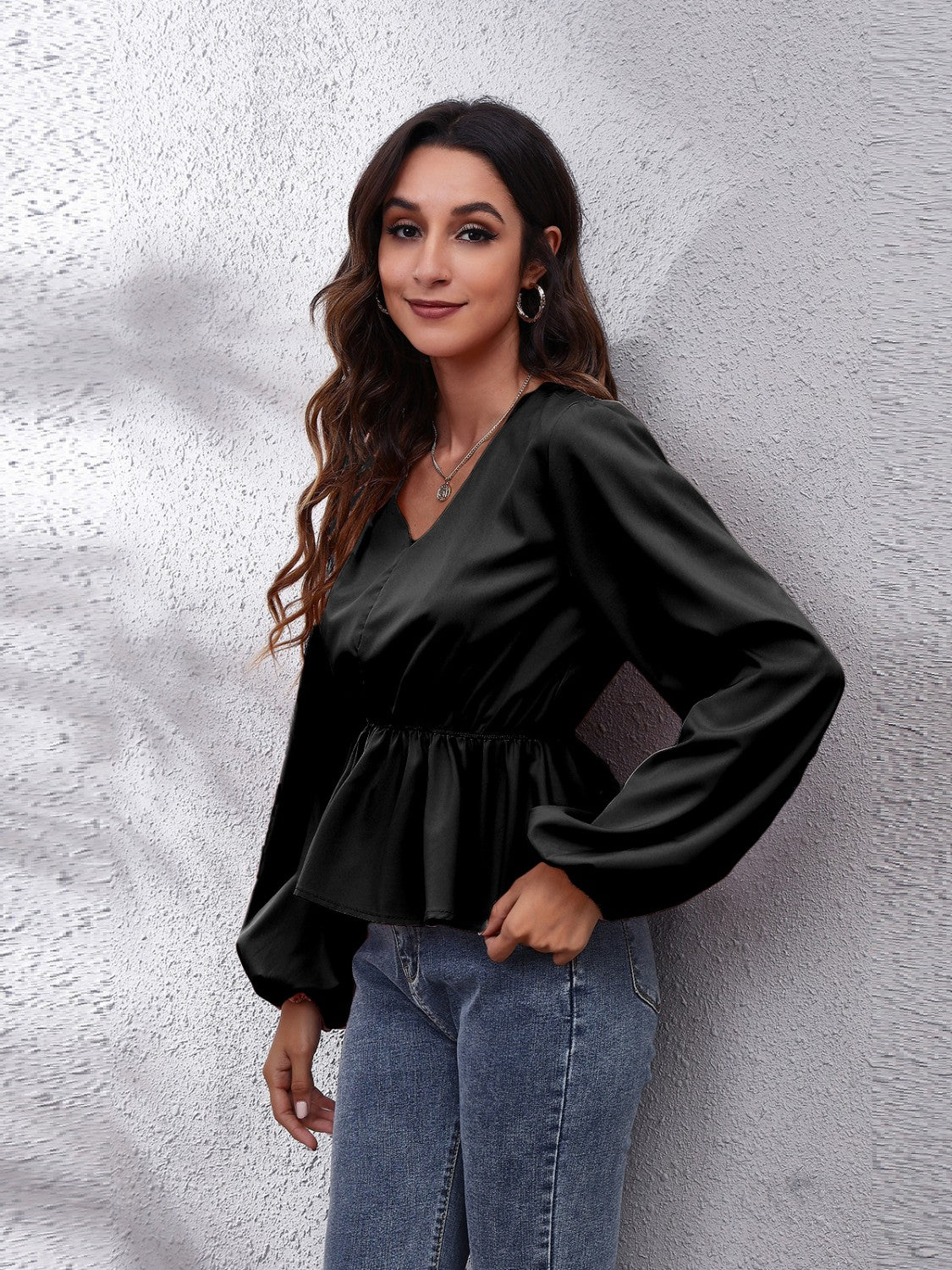 Honeybee Mumford's V-Neck Balloon Sleeve Peplum Blouse