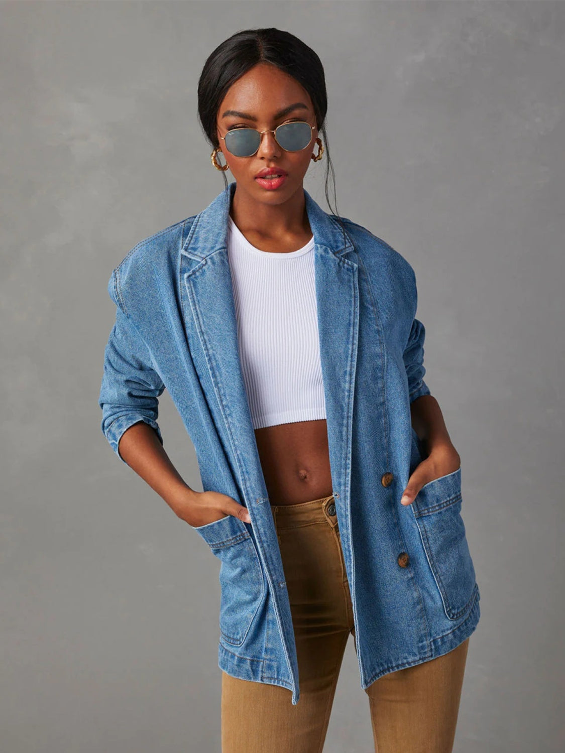 Honeybee Mumford's Collared Neck Long Sleeve Denim Jacket