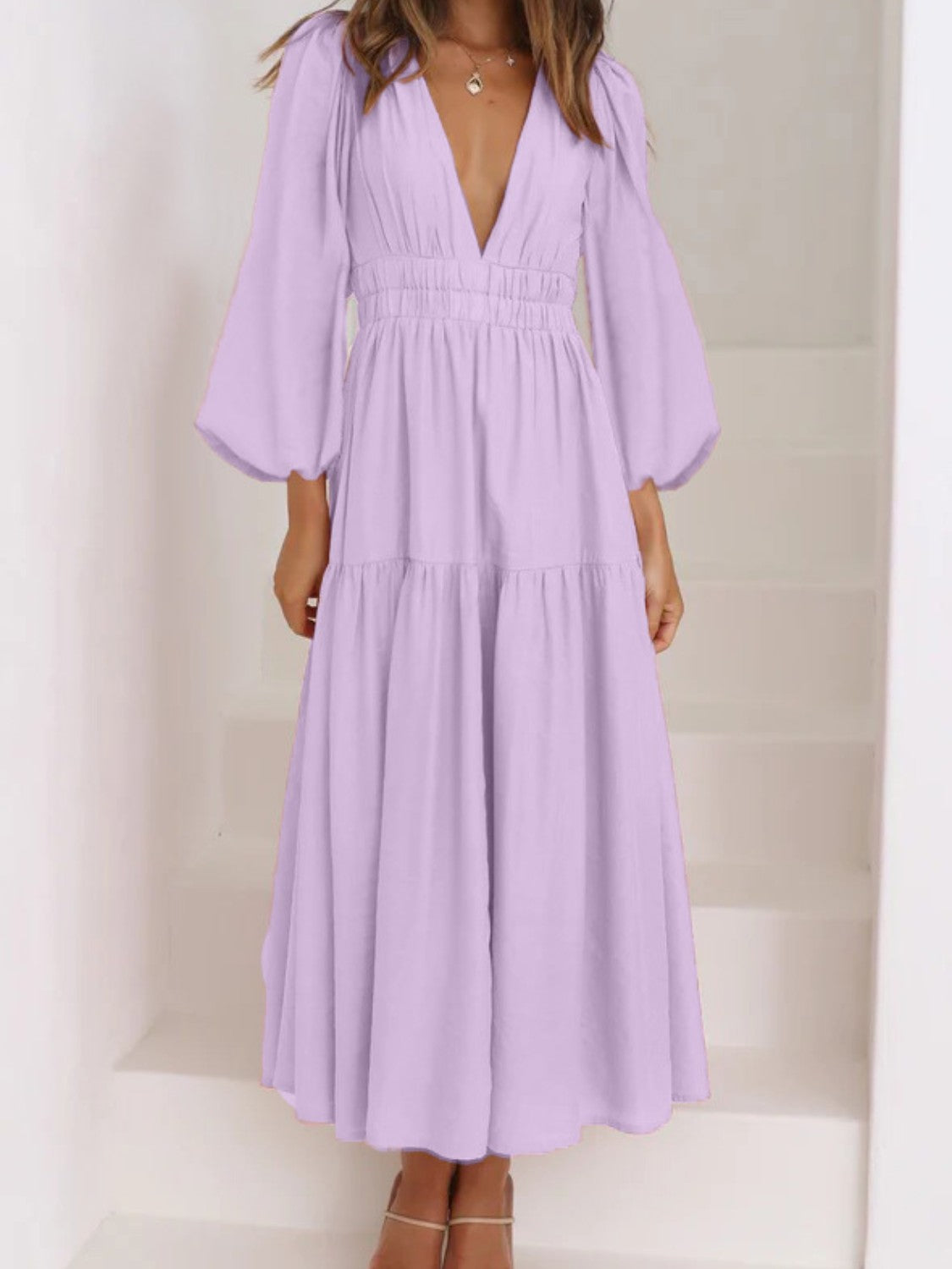 Honeybee Mumford's Deep V-Neck Balloon Sleeve Plain Maxi Dress