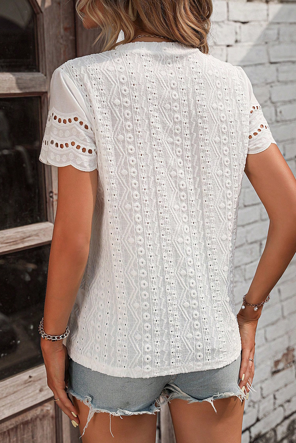 honeybee Mumford's White Eyelet Embroidery Scalloped Short Sleeve Top