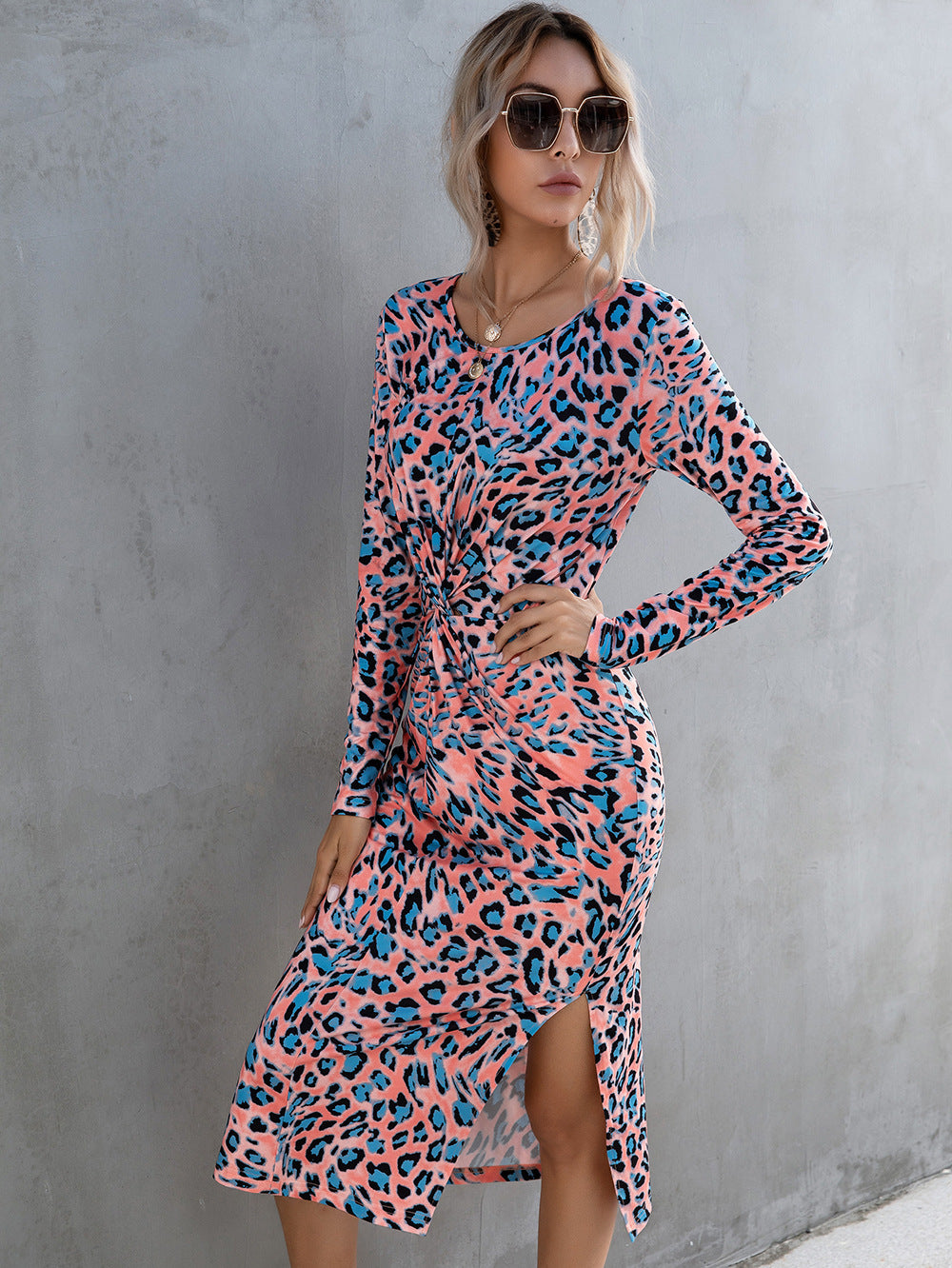 Honeybee Mumford's Leopard Twisted Slit Long Sleeve Dress