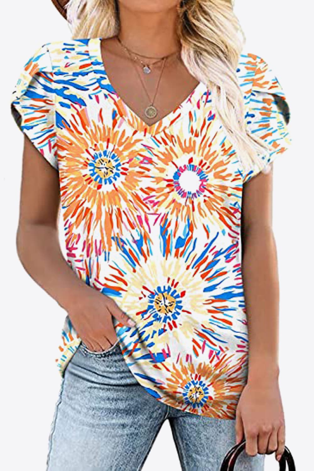 Honeybee Mumford's Printed Petal Sleeve V-Neck Blouse