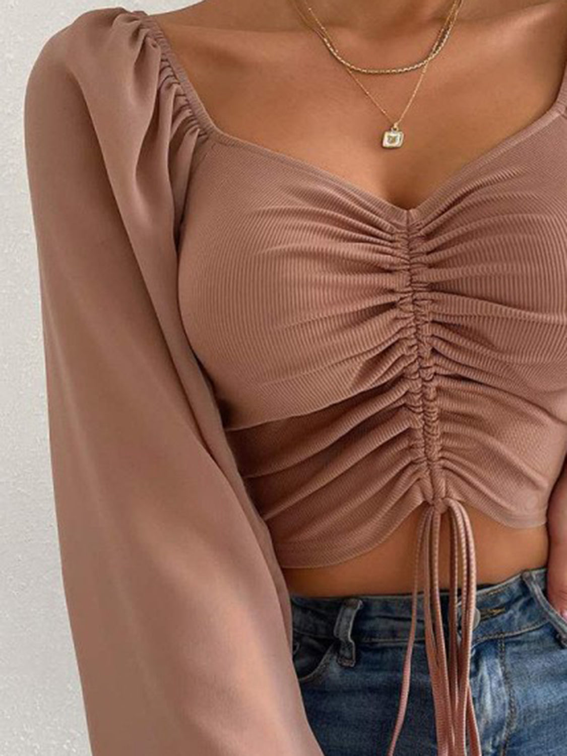 Honeybee Mumford's Drawstring Sweetheart Neck Cropped Top