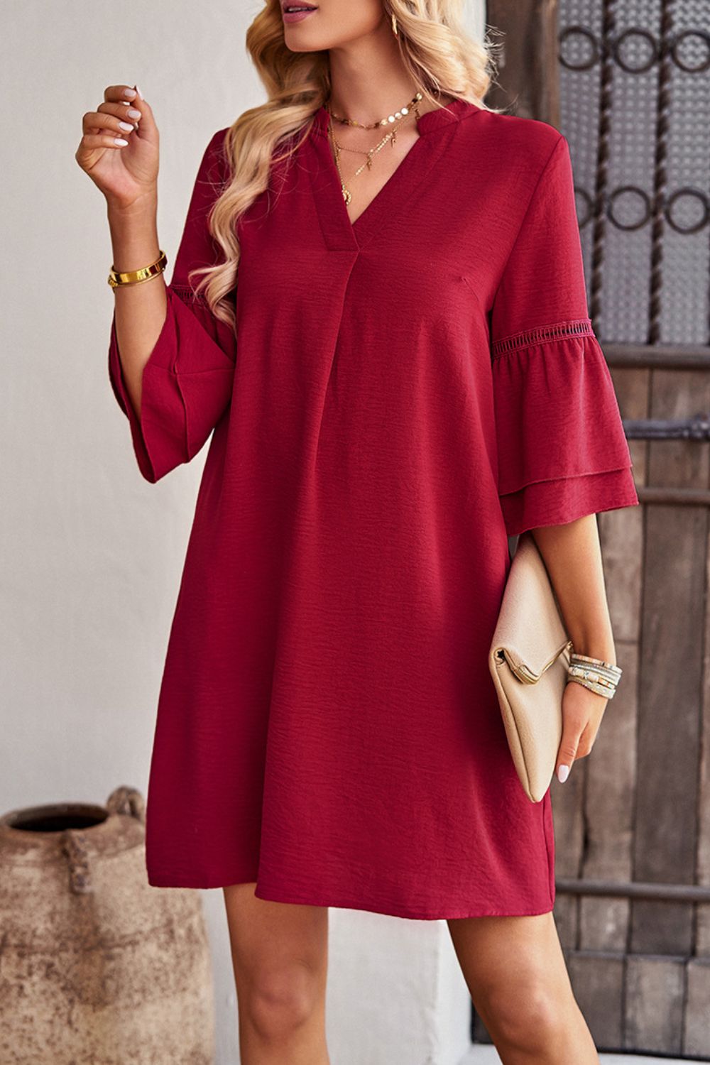 Honeybee Mumford's Notched Neck Flare Sleeve Pocket Dress