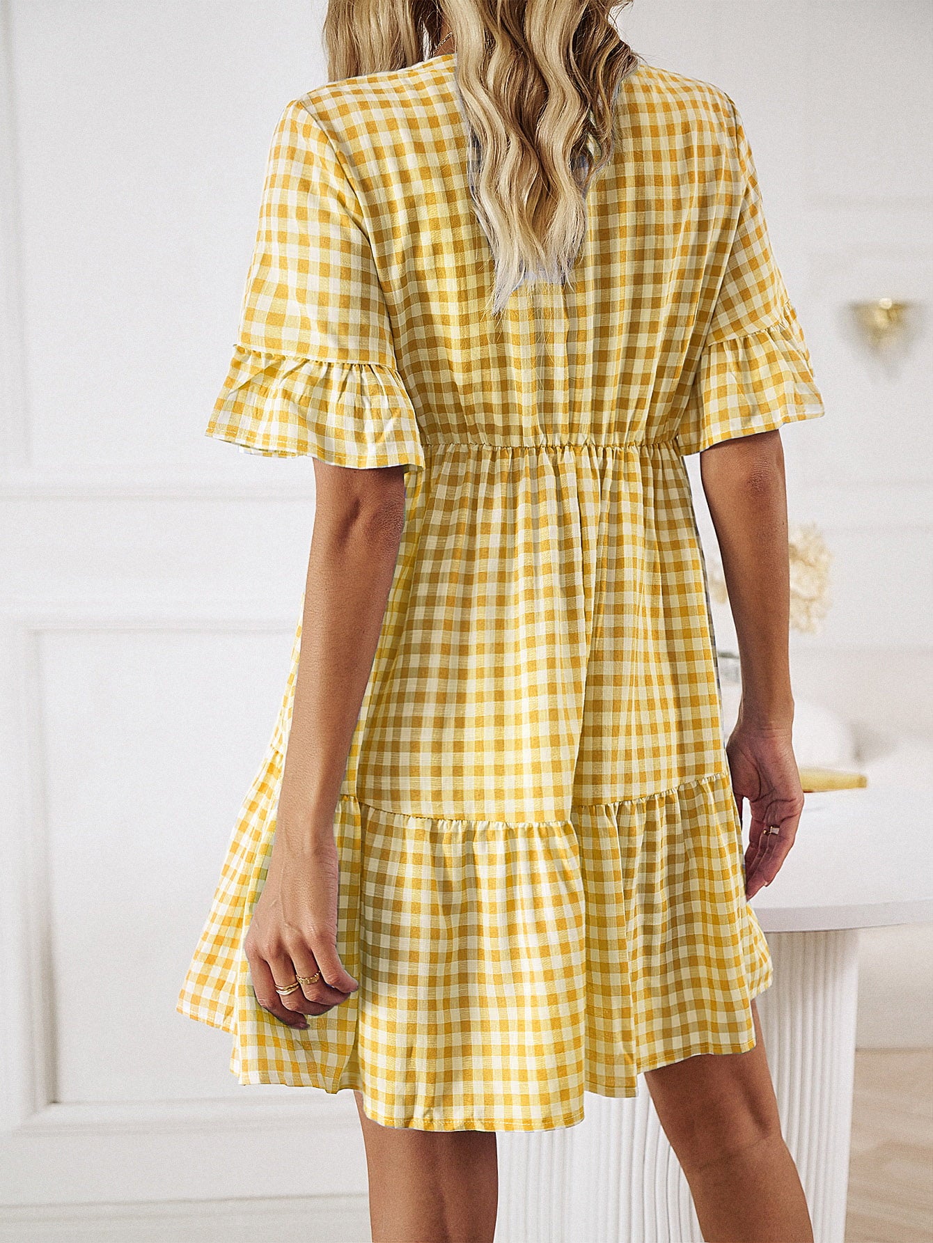 Honeybee Mumford's Plaid Flounce Sleeve Buttoned Mini/ short Dress