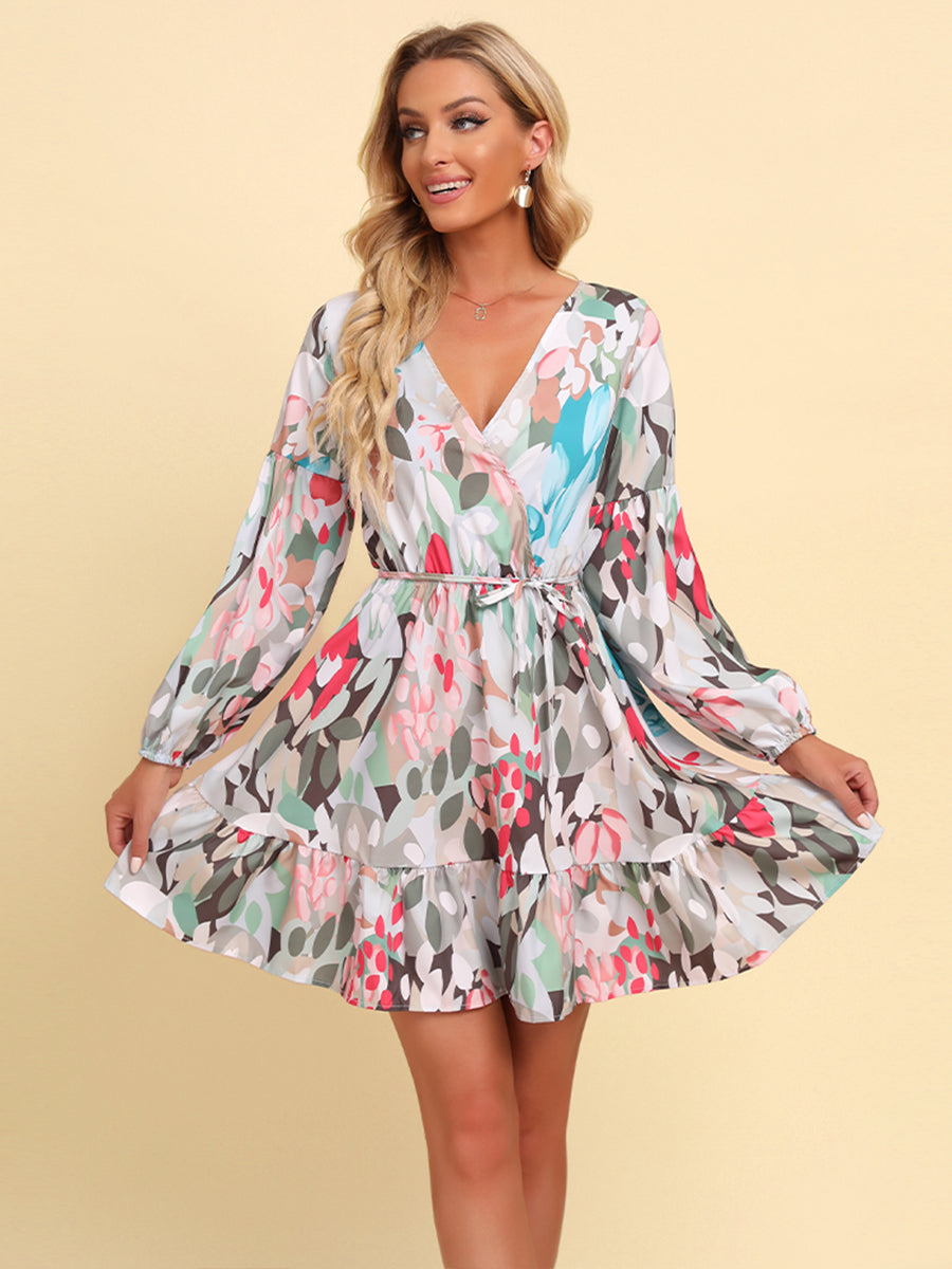 Honeybee Mumford's Printed Tie-Waist Puff Sleeve Surplice Dress