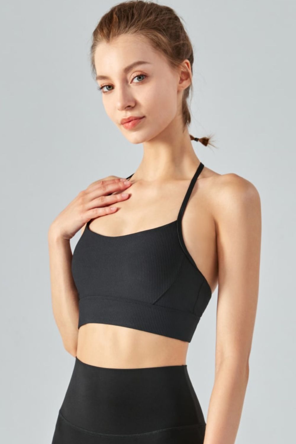 Honeybee Mumford's Ribbed Halter Neck Open Back Cropped Sports Cami