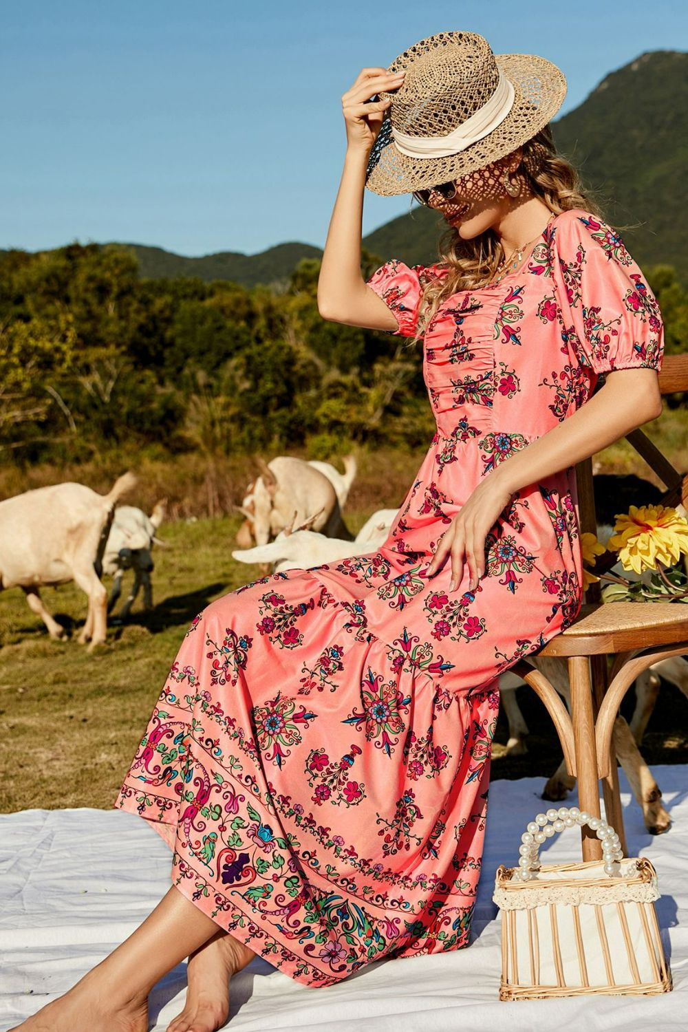 Honeybee Mumford's Casual Floral Ruched Puff Sleeve Tiered Maxi Dress