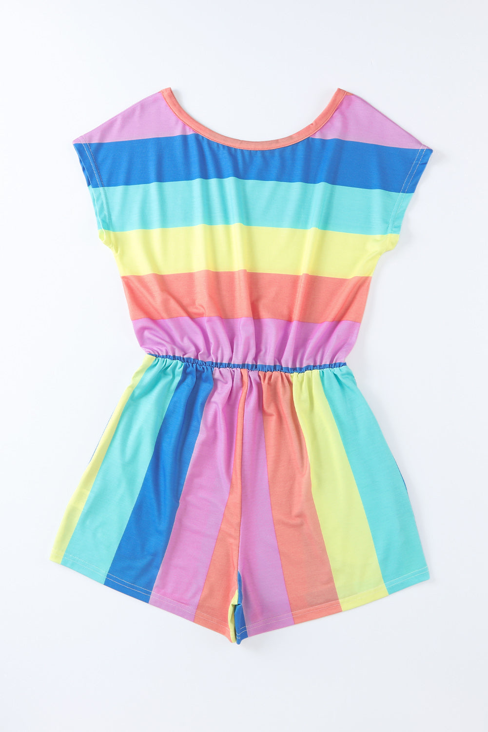 Honeybee Mumford's Multicolor Striped Print High Waist Short Sleeve Romper with Pockets