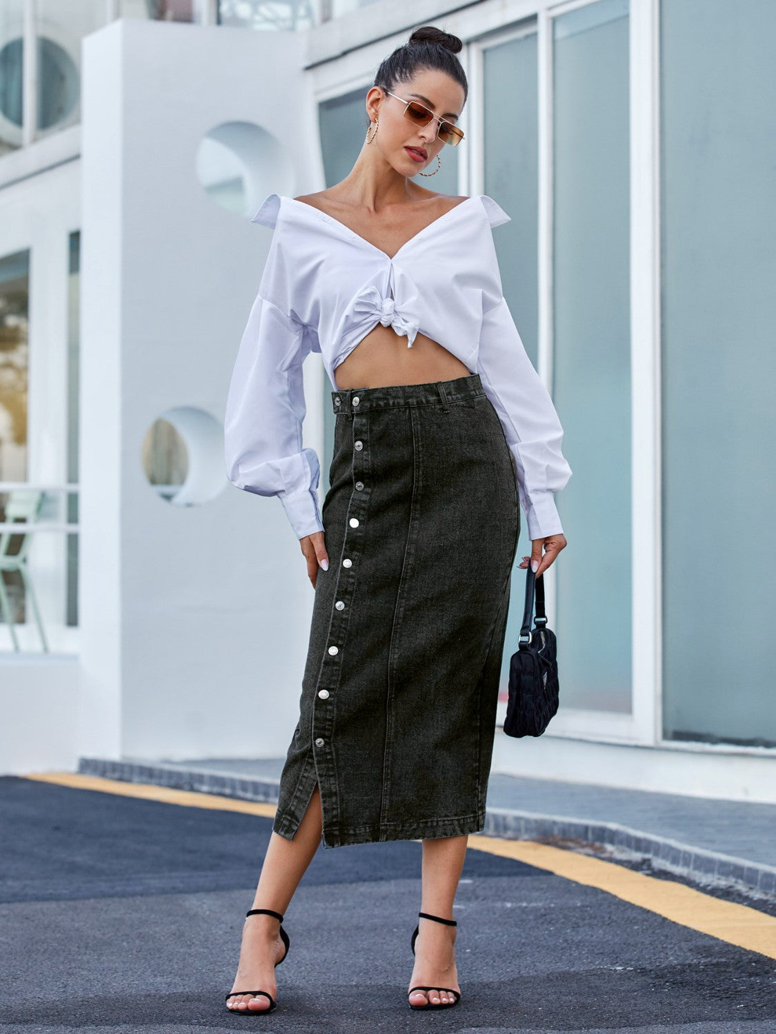 Honeybee Mumford's Button-Down Denim Skirt in Sky Blue, Navy and more