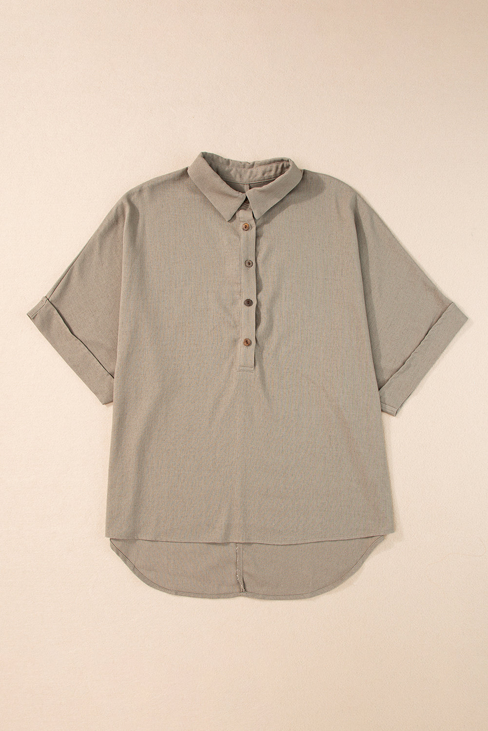 honeybee Mumford's Taupe Collared Half Buttons Folded Short Sleeve Oversize Top