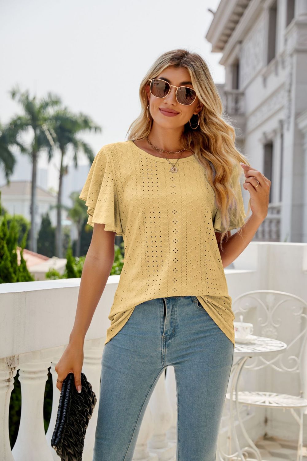 Honeybee Mumford's Eyelet Flutter Sleeve Round Neck Top