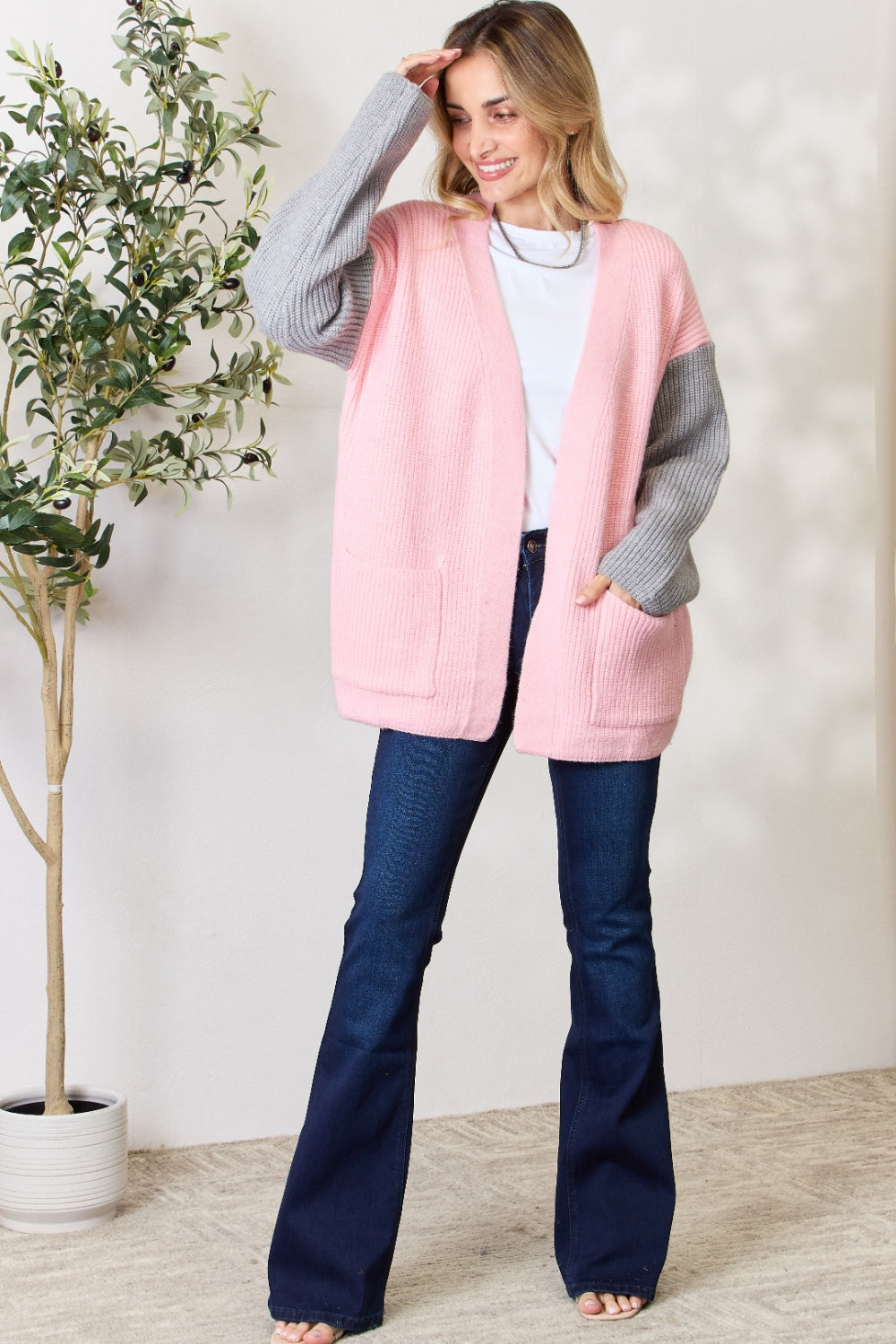 honeybee Mumford's Blush & Grey Contrast Open Front Cardigan with Pockets