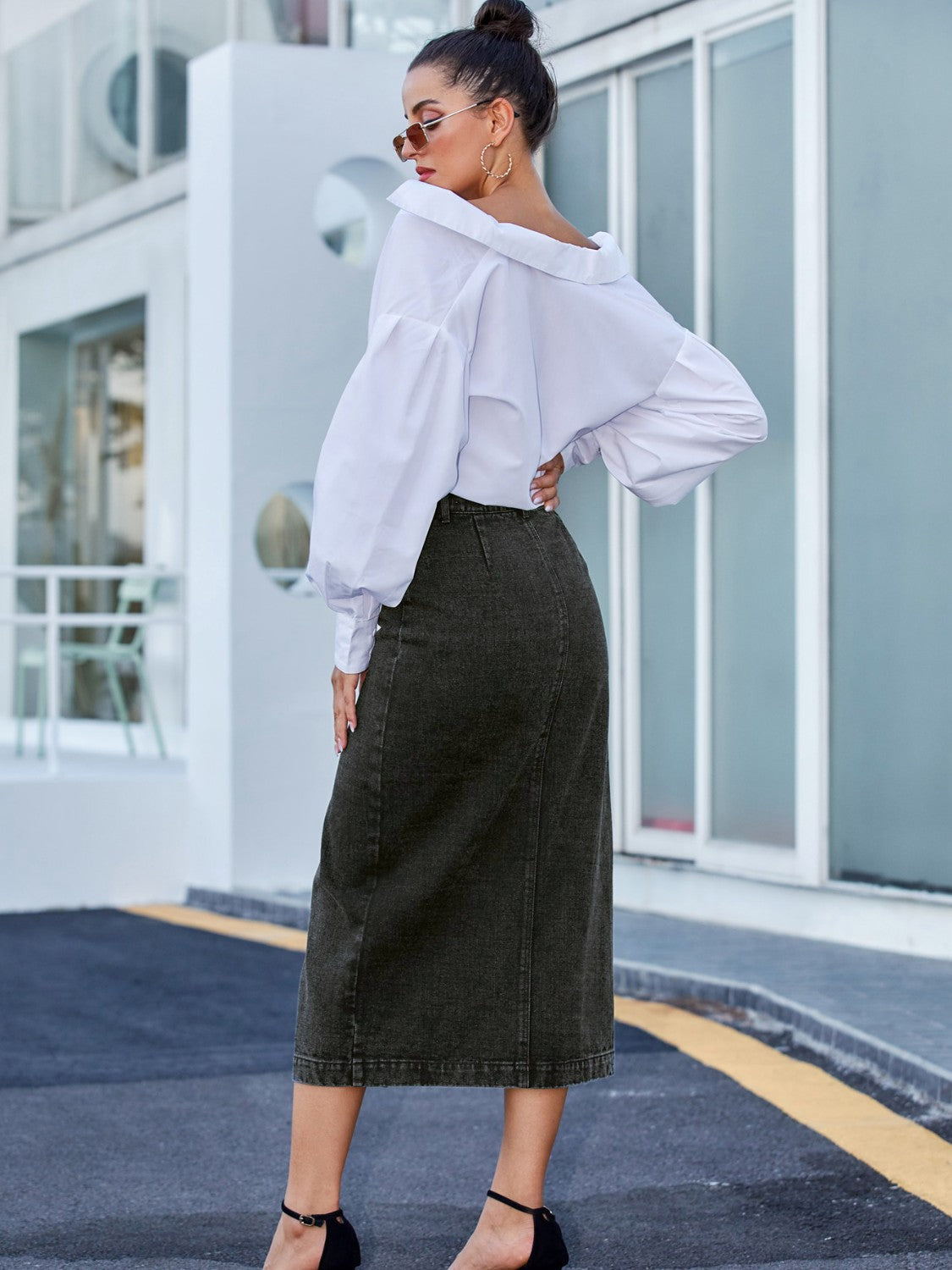 Honeybee Mumford's Button-Down Denim Skirt in Sky Blue, Navy and more