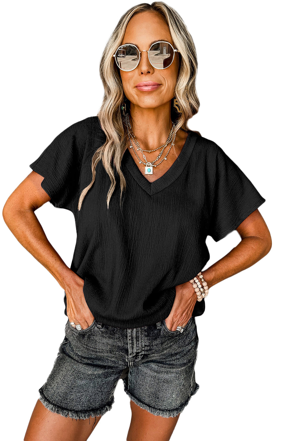 Honeybee Mumford's Black Crinkled V Neck Wide Sleeve T-shirt