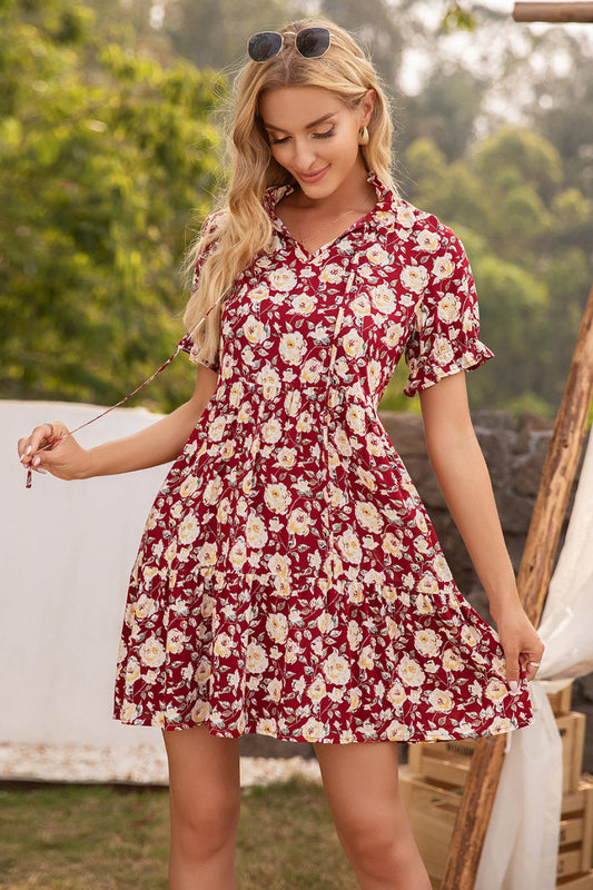 Honeybee Mumford's Floral Ruffle Trim Tie-Neck Dress