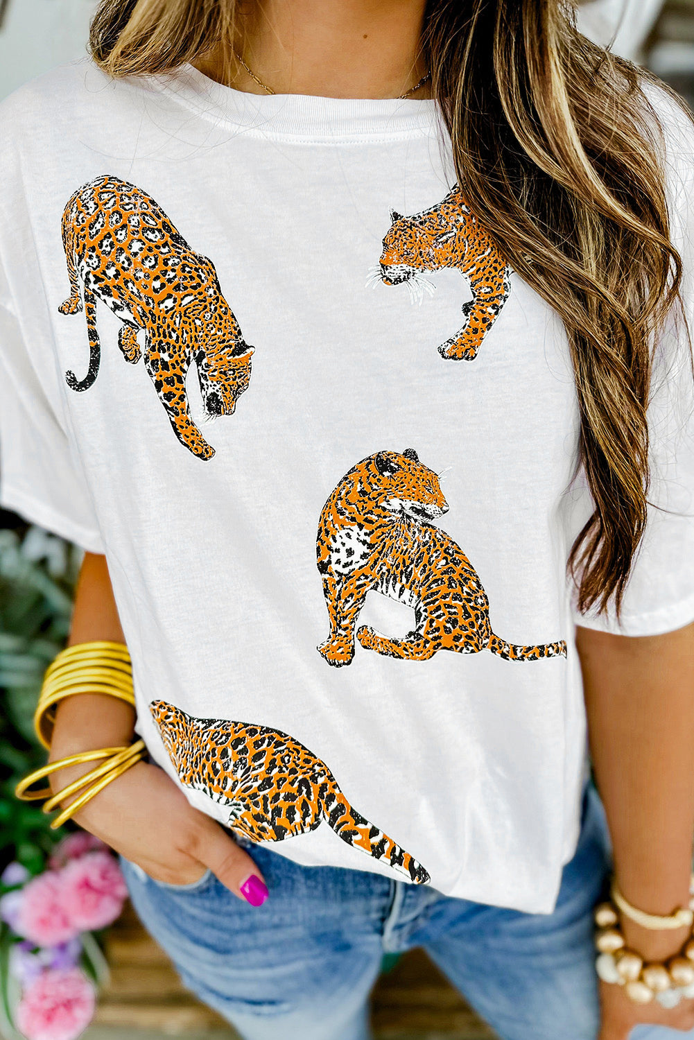 Honeybee Mumford's White Leopard Print Drop Shoulder Casual T Shirt