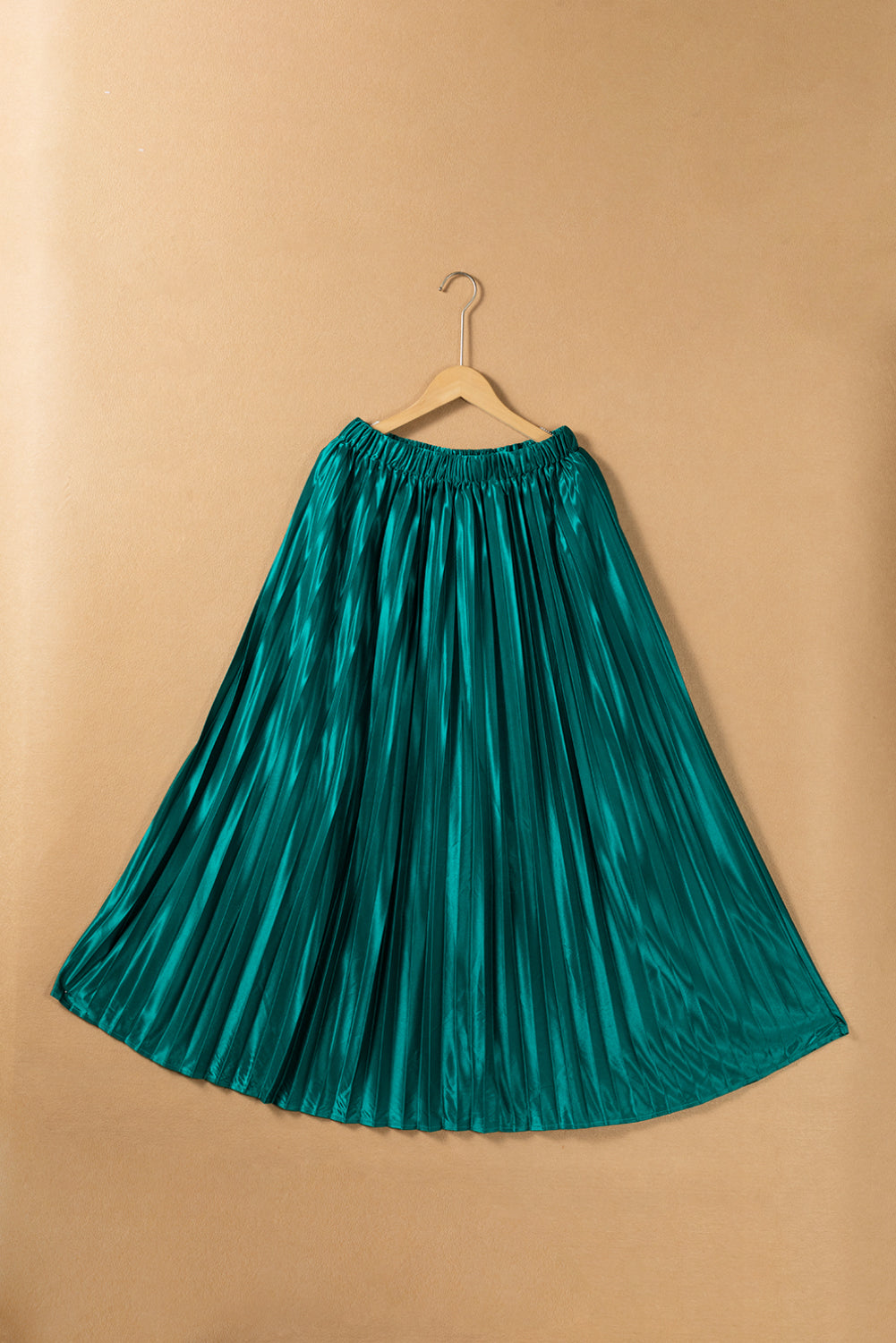 Honeybee Mumford's Blackish Green Satin Elastic Waist Pleated Maxi Skirt