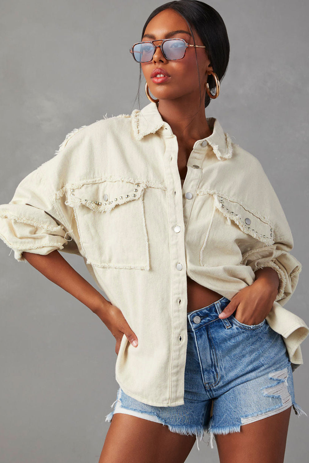 Honeybee Mumford's White Frayed Exposed Seam Denim Jacket