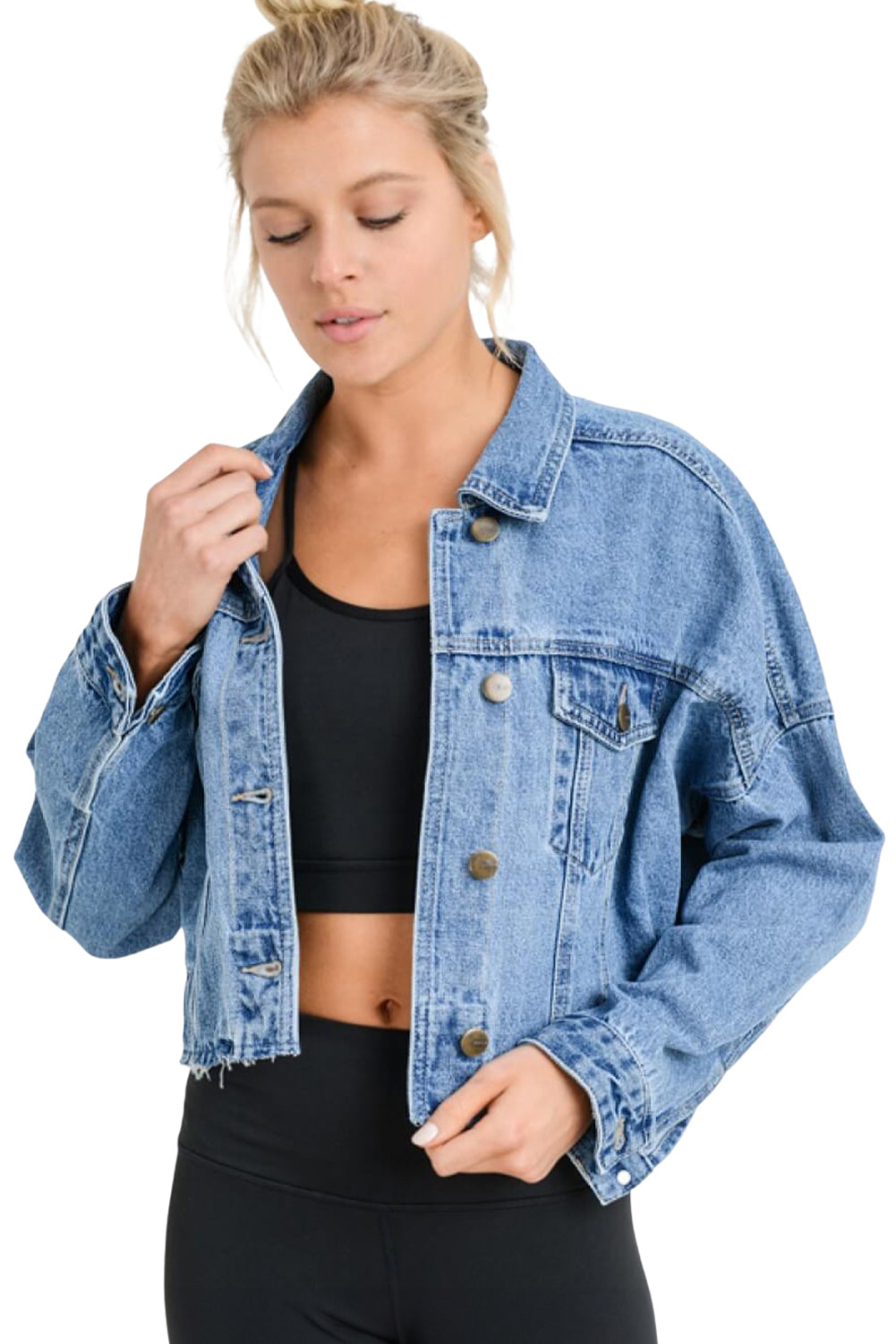 Honeybee Mumford's Sky Blue Medium Wash Chunky Cropped Denim Jacket